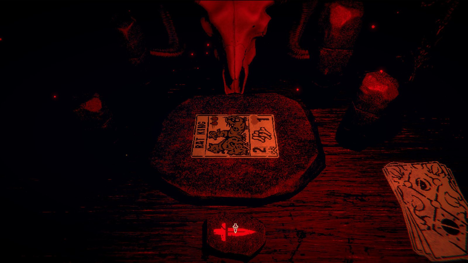 A screenshot of the game board in Inscryption with very normal animal bones.
