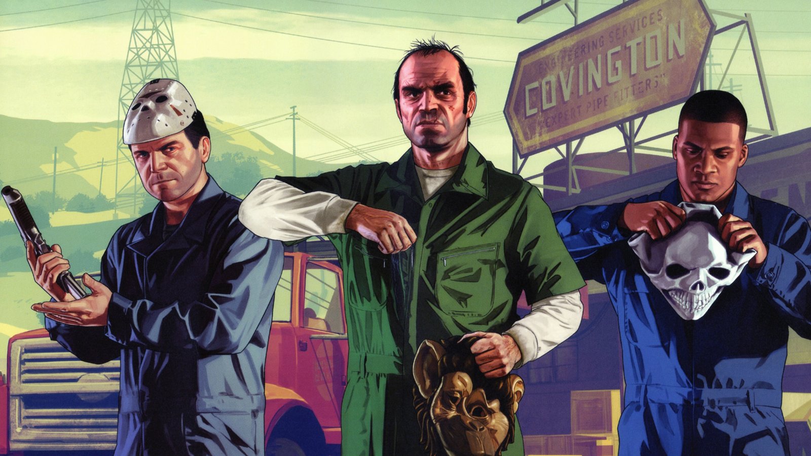 Artwork of GTA 5 showing protagonists Michael, Trevor, and Franklin gearing up for a robbery by putting on masks to hide their appearance 