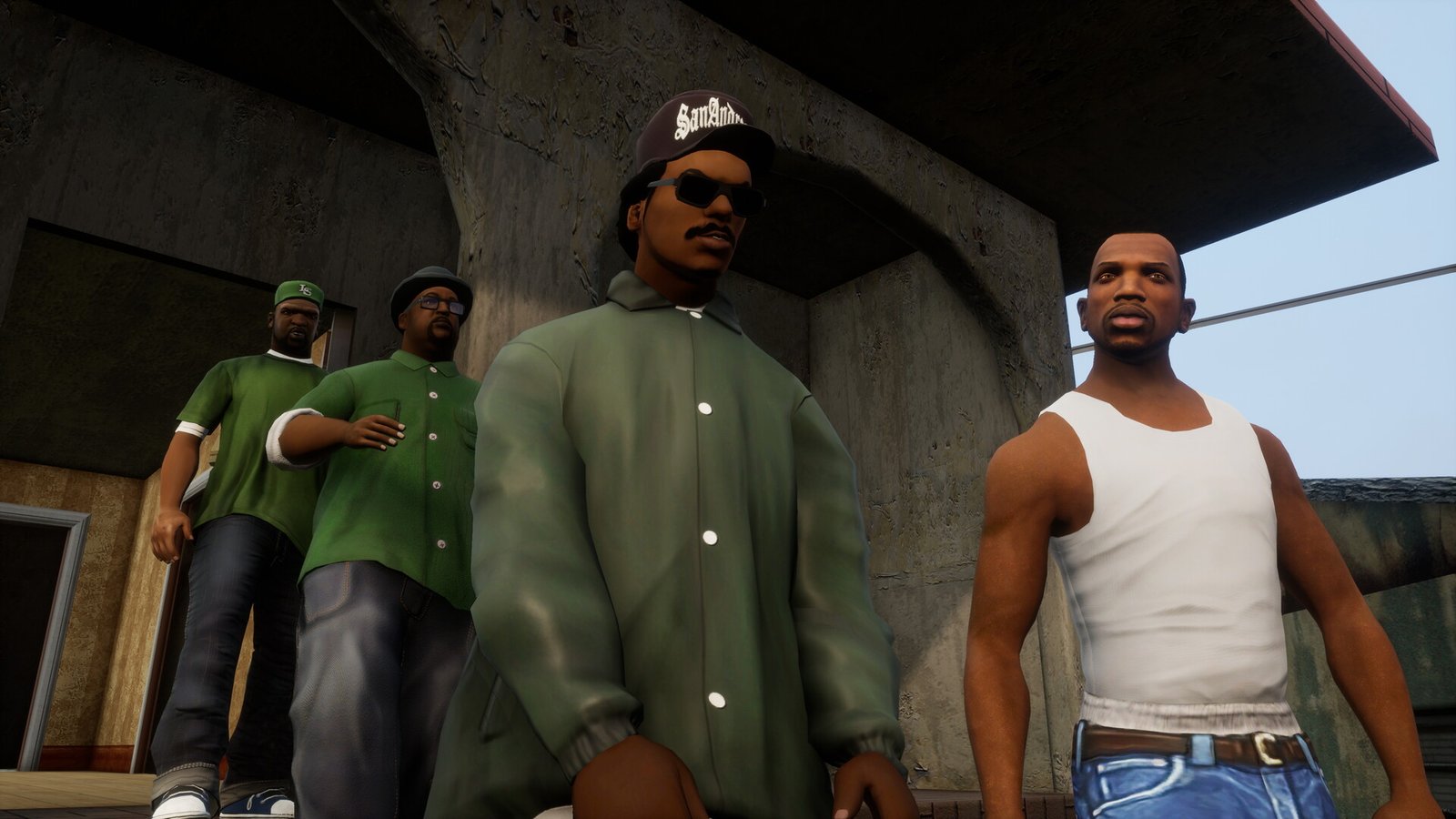 Protagonist Carl "CJ" Johnson walking out of a house in GTA San Andreas with Melvin Harris (Big Smoke), Lance Wilson (Ryder), and Sean Johnson (Sweet)