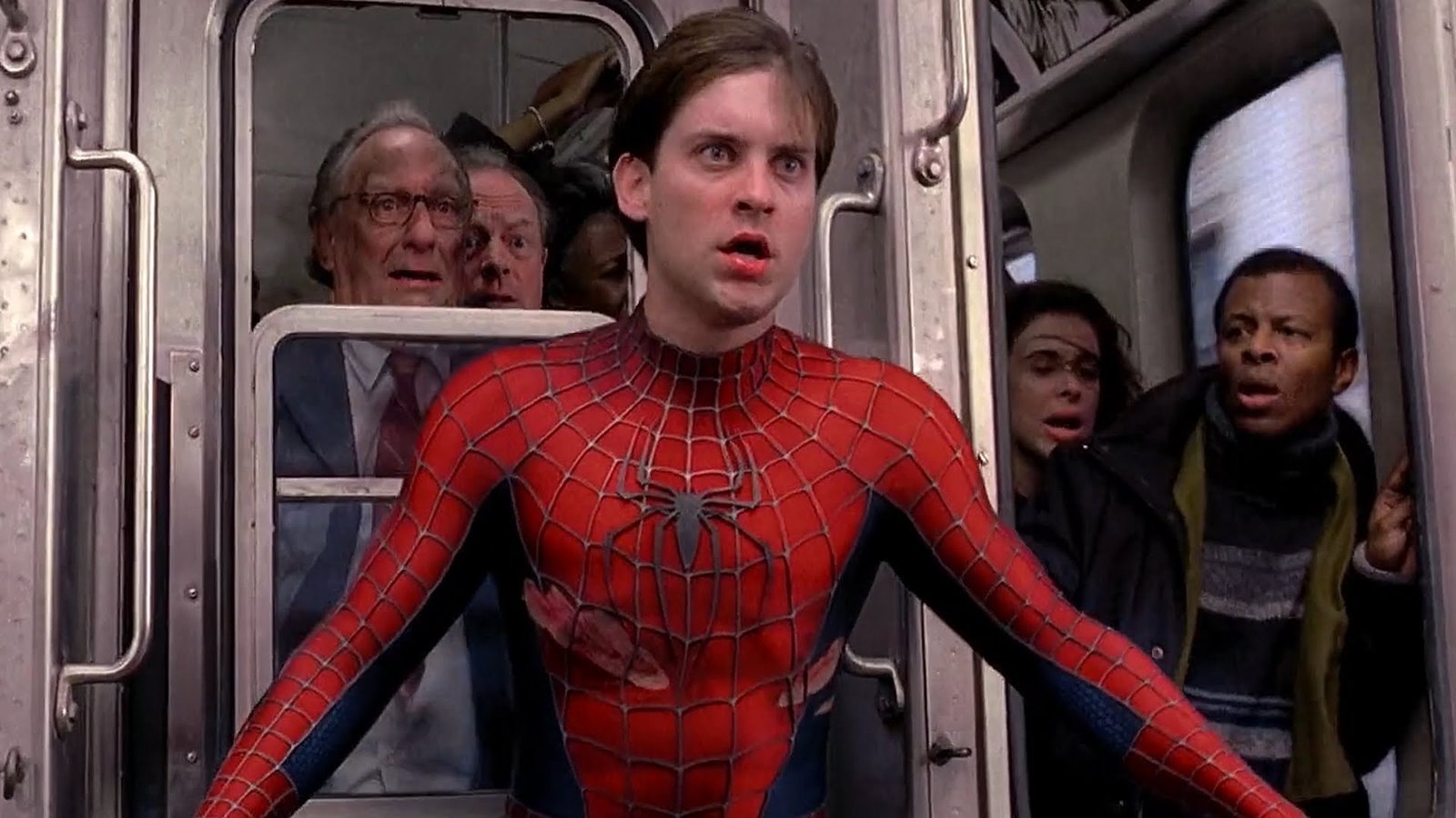 Tobey Maguire as Peter Parker in one of the best superhero movies ever made, Spider-Man 2.