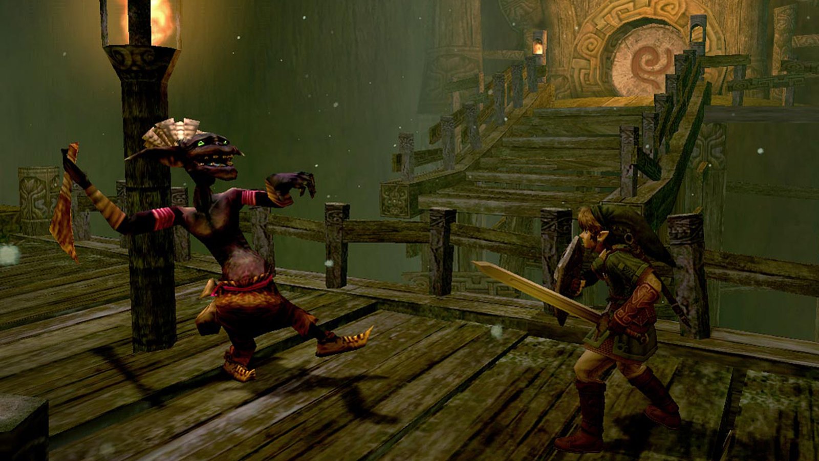 Twilight Princess GameCube screenshot of Link facing an enemy with sword and shield drawn