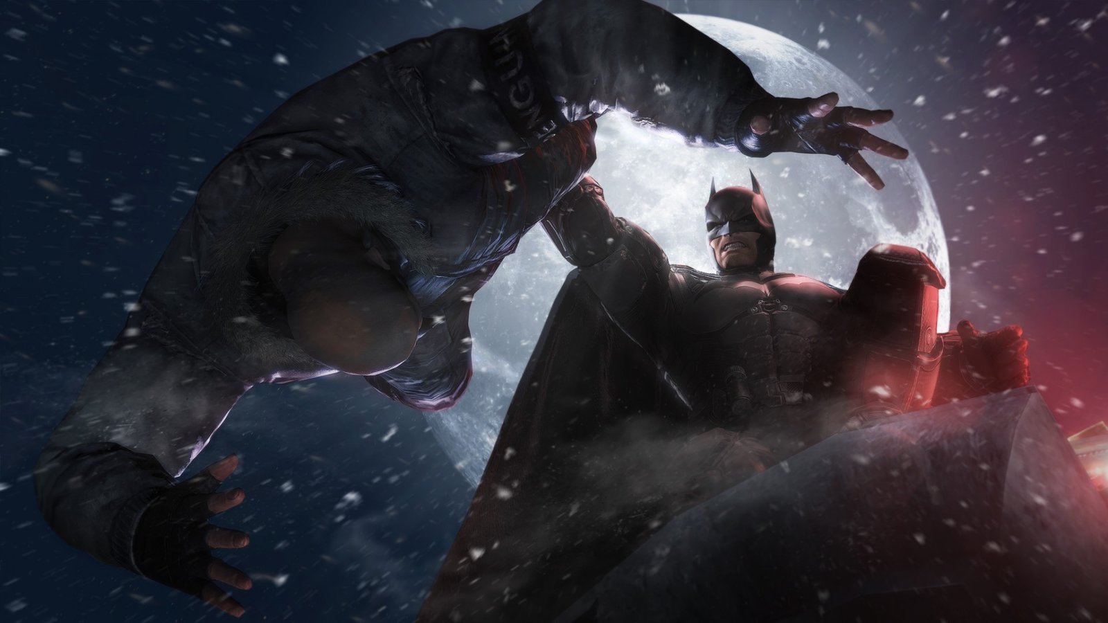 Batman throwing an enemy off a building in Batman: Arkham Origins.