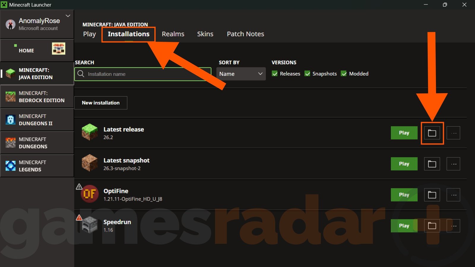 Two orange arrows points out the steps to installing Minecraft mods from the Minecraft Launcher.