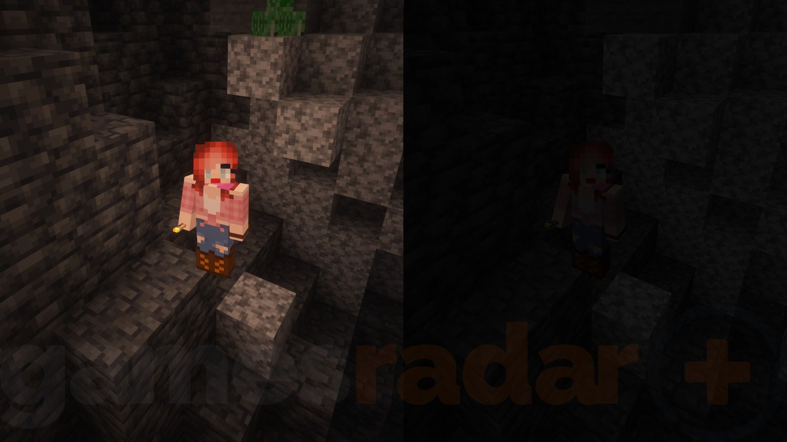 A split screenshot, one with Optifine on and one without, showcasing the effects of one of the best Minecraft mods.