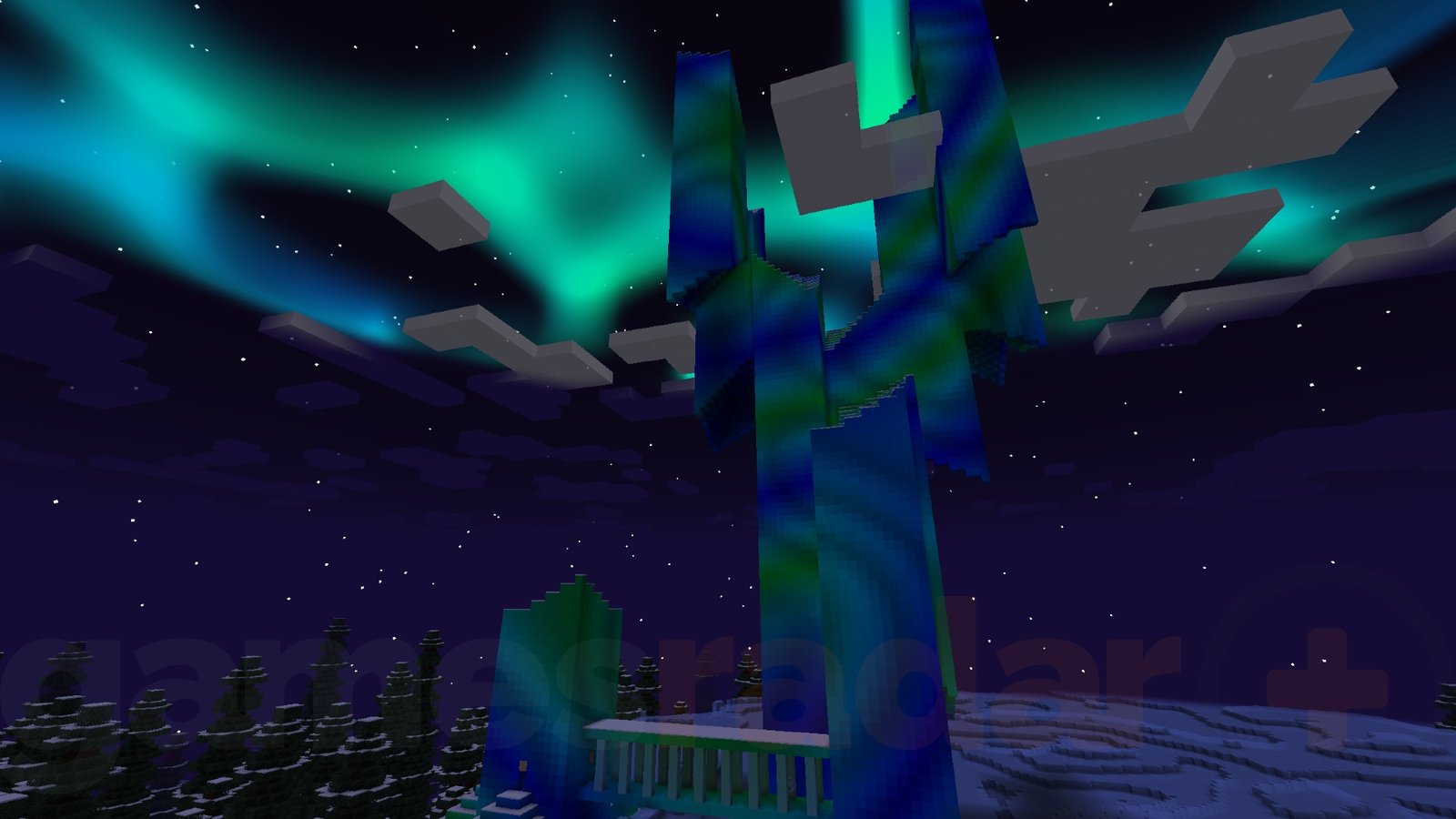 A blue and green structure looms over The Twilight Forest in one of the best Minecraft mods.