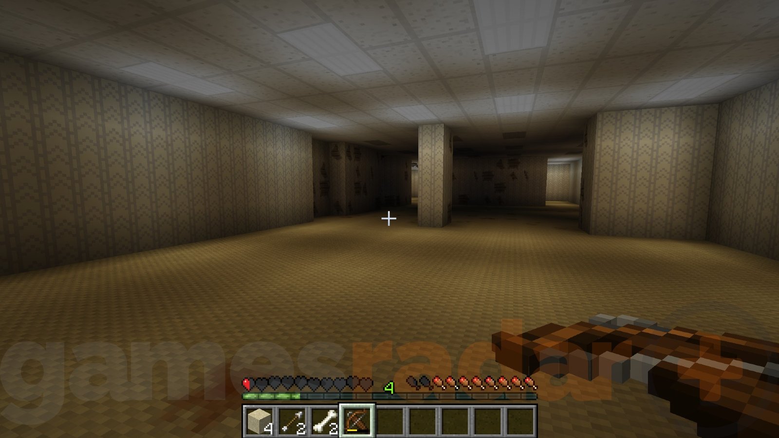A player wields a crossbow as they navigate The Backrooms, a liminal space Minecraft mod.