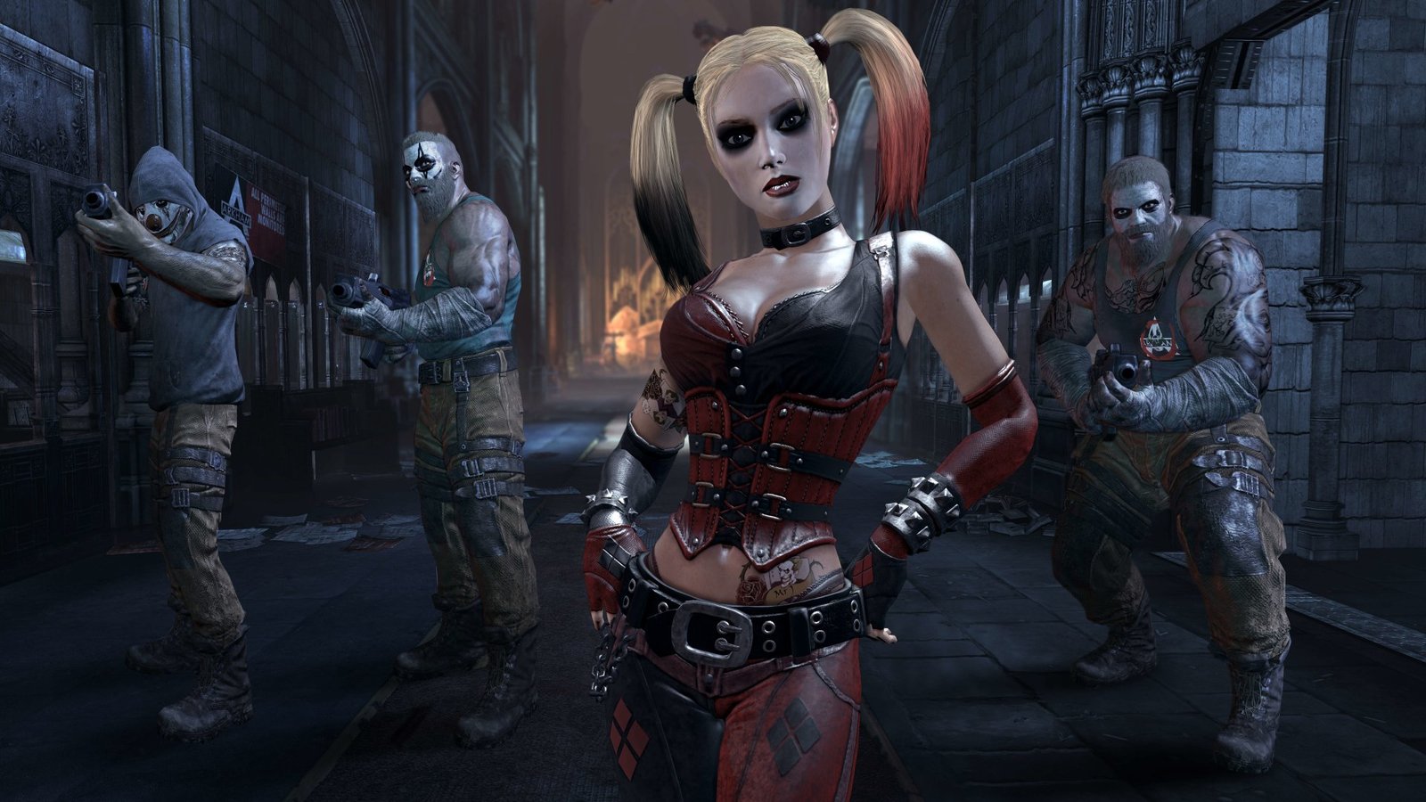 A screenshot of one of the best Batman games, Arkham City with Harley Quinn.