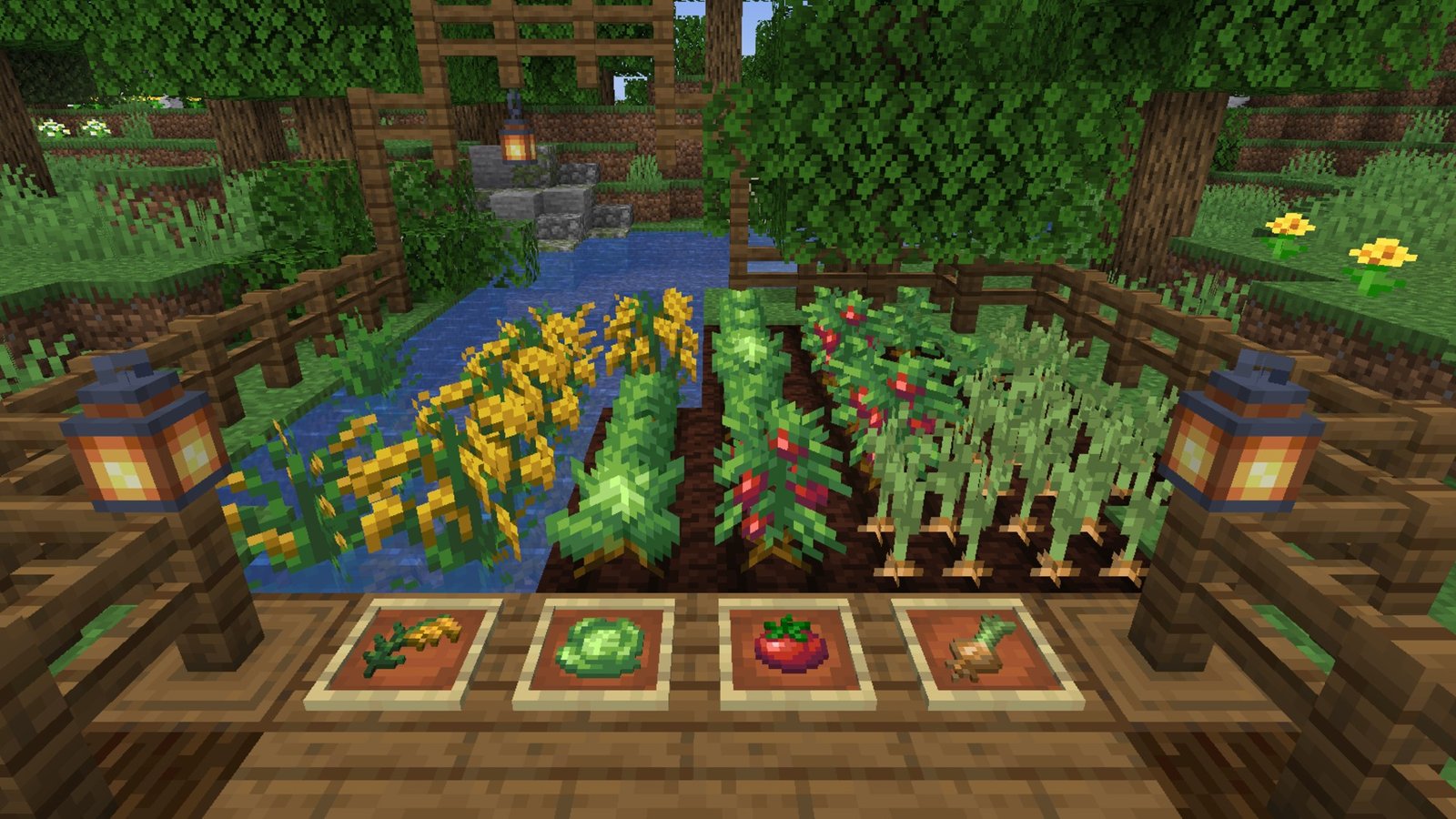A screenshot from the Farmer's Delight Minecraft mod showing a selection of new crops, including tomatoes and onions.