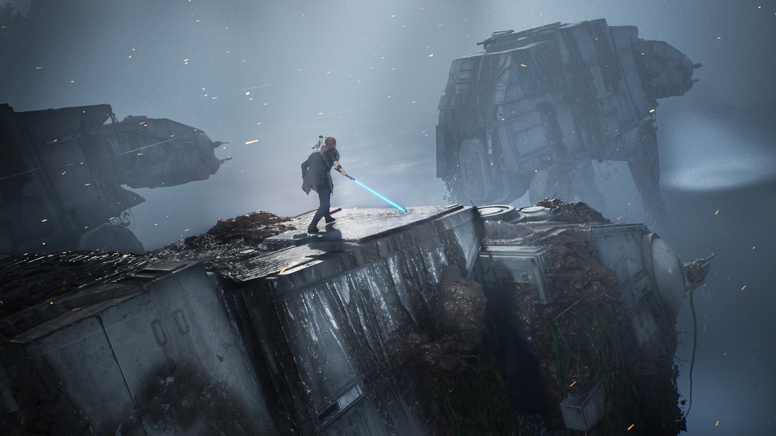 In Star Wars Jedi: Fallen Order, protagonist Cal Kestis traverse over the top of an AT-AT with a lightsaber in hand