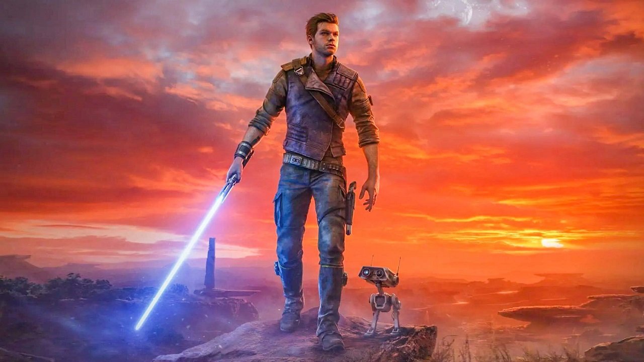 Star Wars Jedi Survivor cover art of Cal and a little robot companion standing on a cliff with the sun setting behind him. He holds a blue lightsaber.