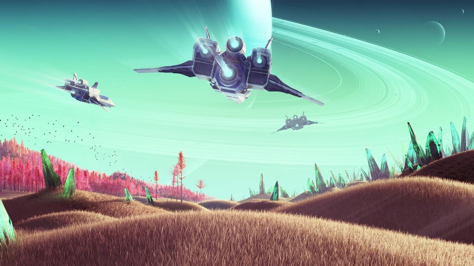 No Man's Sky concept art of three spacecraft flying low over an alien planet
