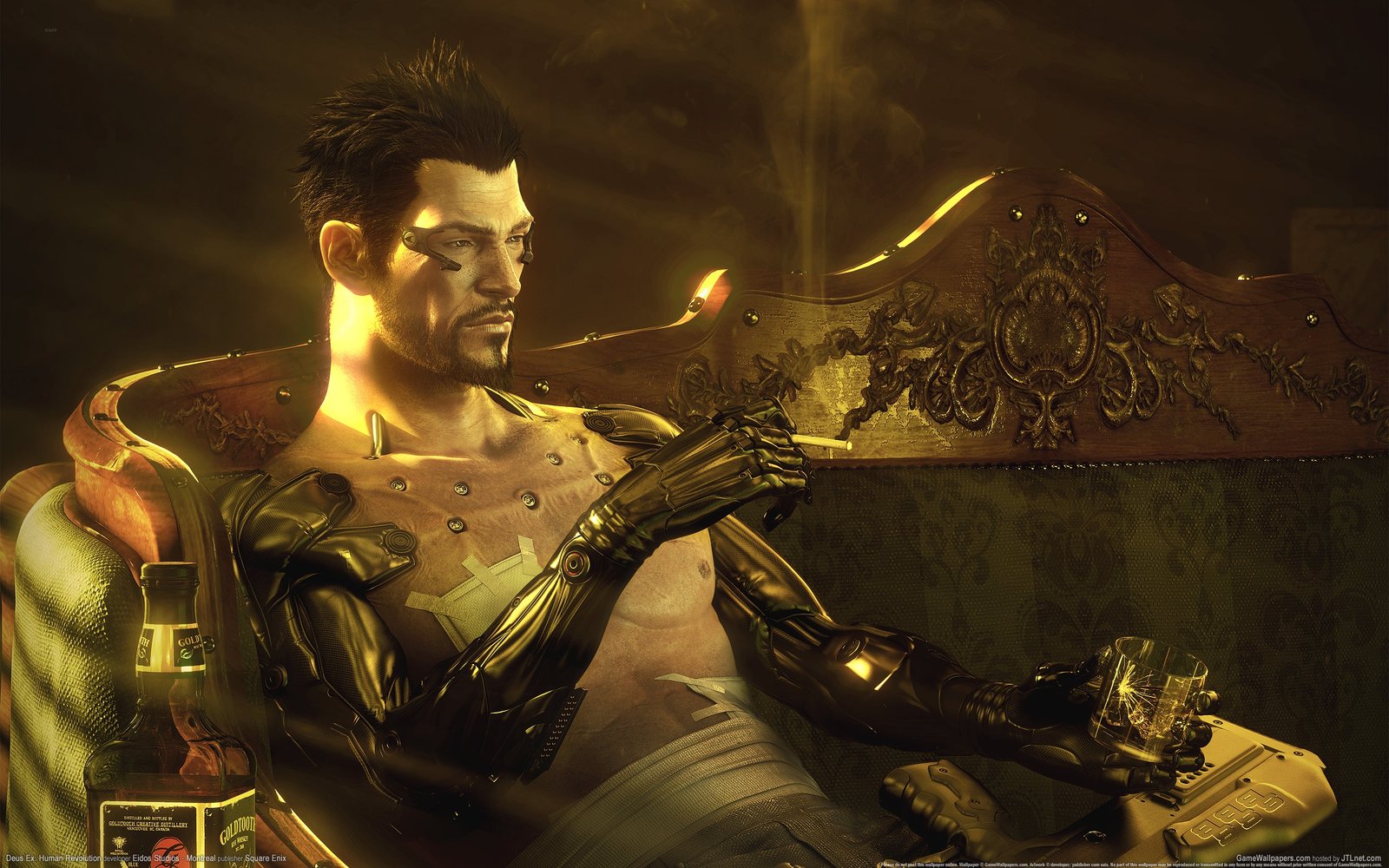 Deus Ex: Human Revolution screenshot of a shirtless man with mechanical arms sitting on a sofa, smoking a cigarette