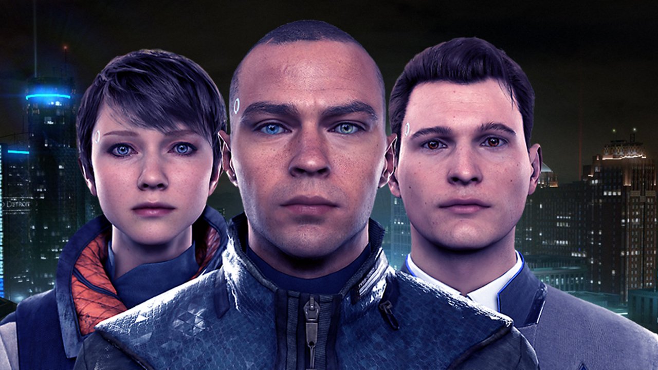 Detroit Become Human screenshot of the three main characters standing against a cityscape in the background