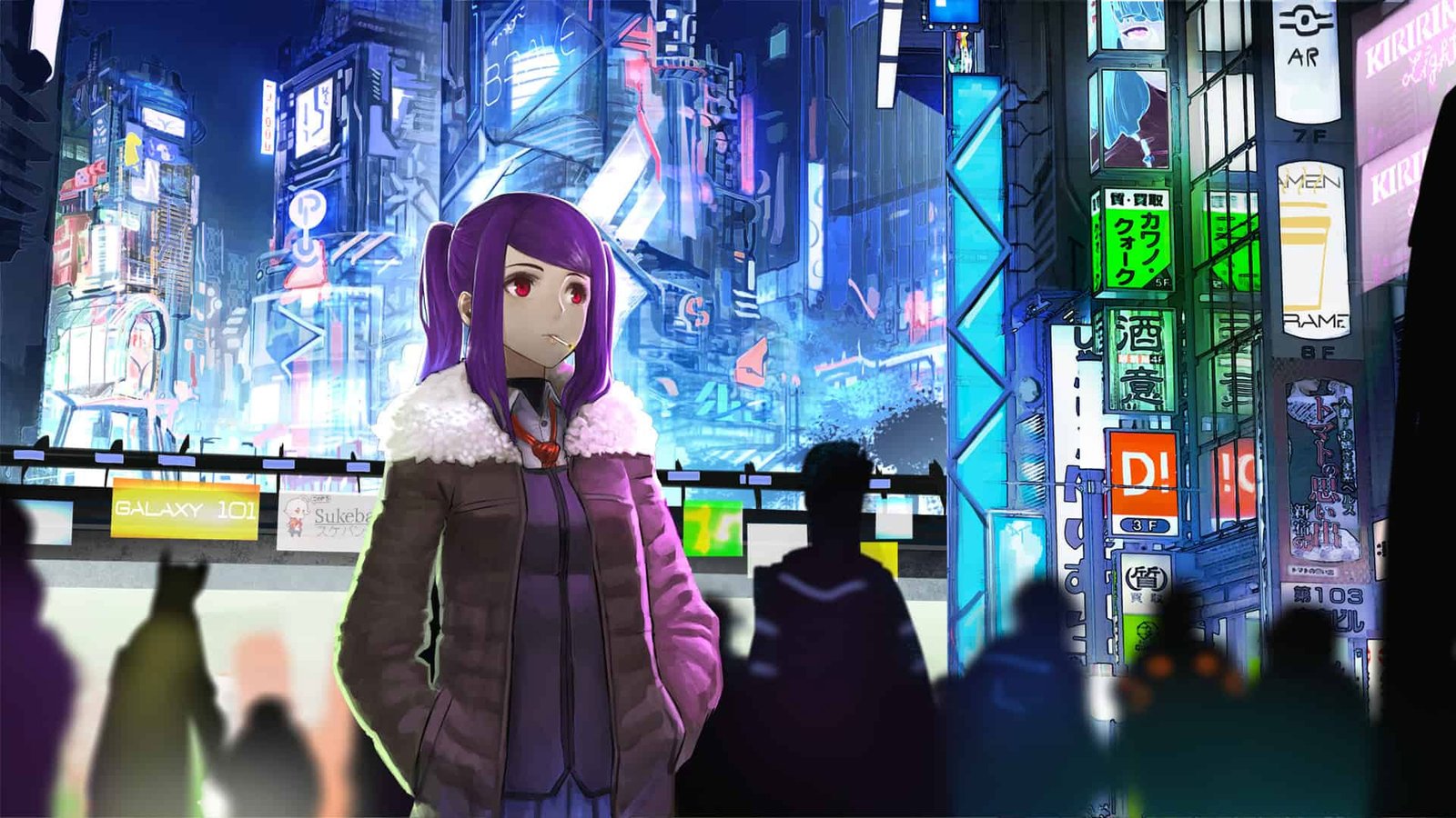 VA-11 Hall-A screenshot of a purple haired woman in a fur lined puffer jacket standing in front of a bustling city in the background. She is surrounded by the silhouettes of other city inhabitants.