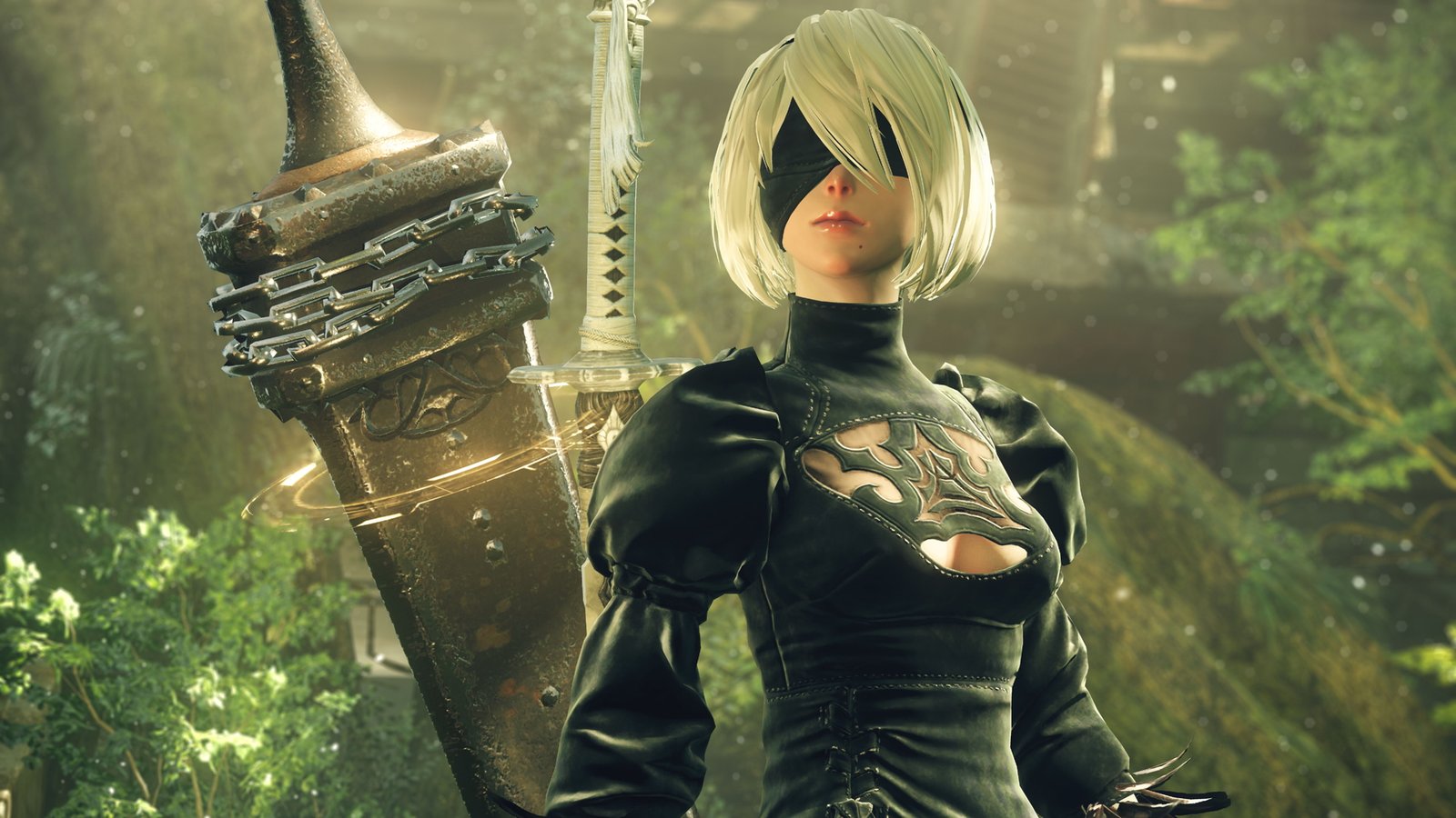 nier: automata screenshot of YoRHa standing in front of a lush green woodland in the background. Her eyes are covered by a black patch of fabric.