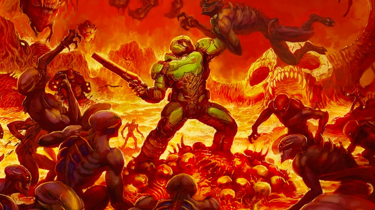 Doom concept art of Doomguy surrounded by enemies in a fiery hellish environment