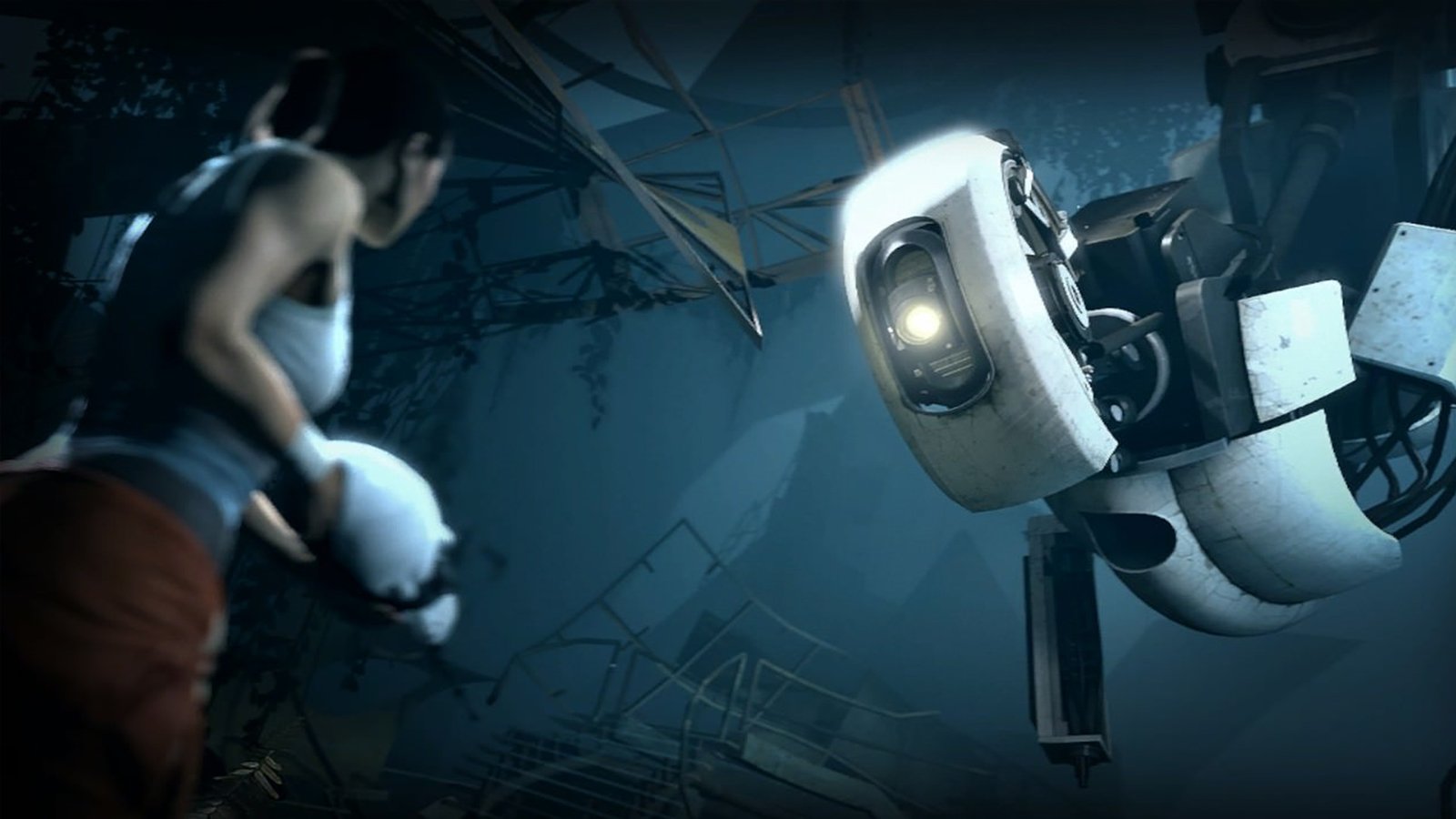 Portal 2 screenshot of a robot hanging down from above and scanning a female character