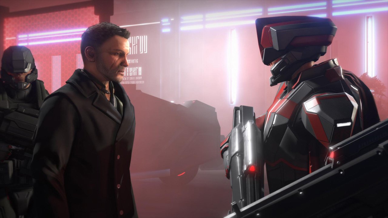 XCOM-2 screenshot of a man in full body armour holding a gun, speaking to a another man, who has a helmeted officer standing behind him