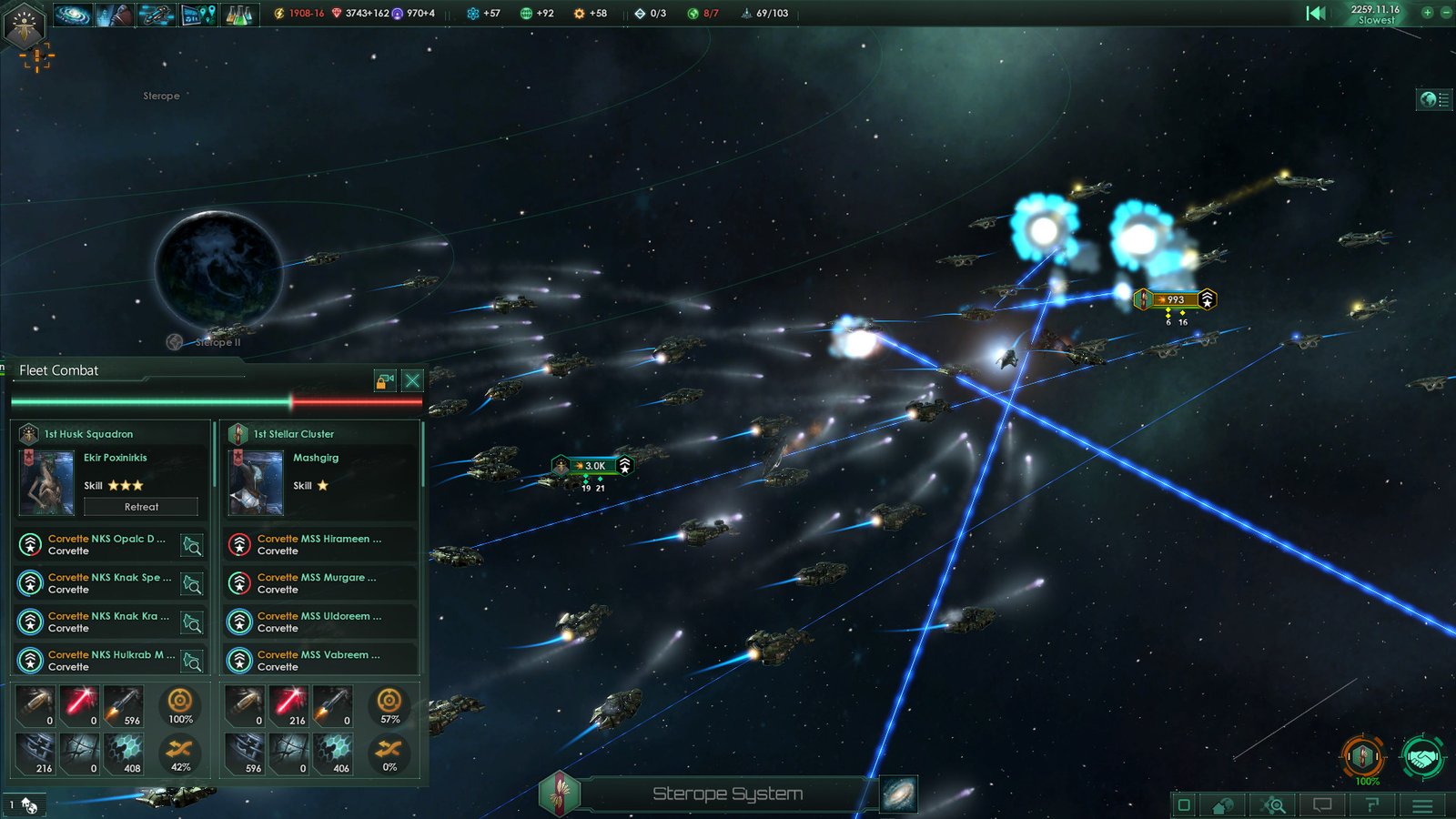 Stellaris screenshot of a combat encounter, with information screens in the lower left hand corner