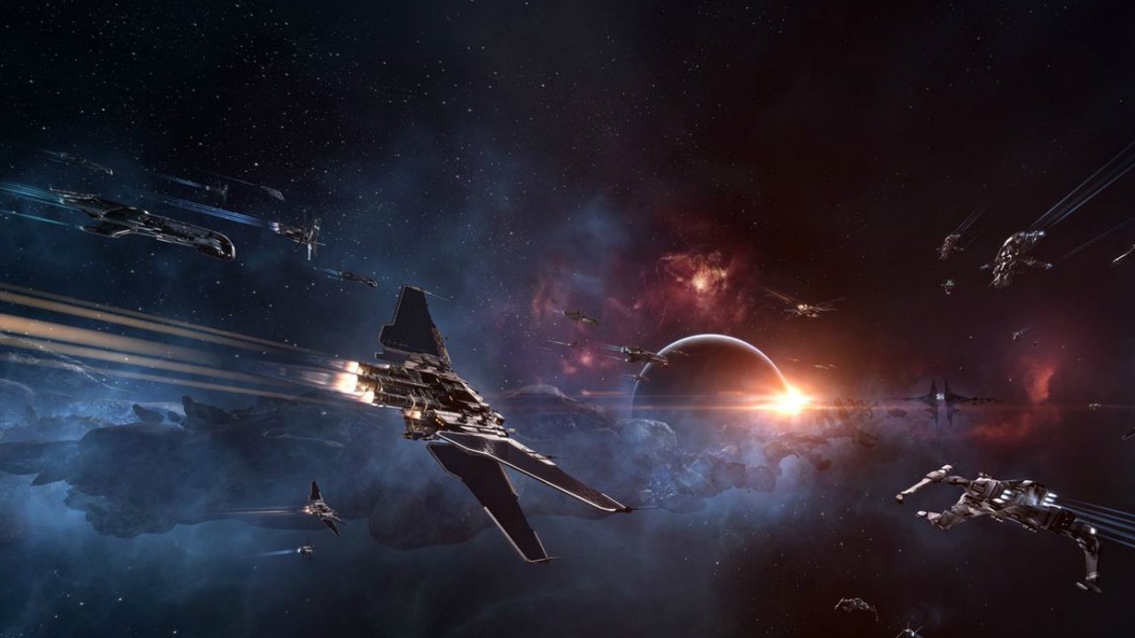 EVE Online screenshot of spacecraft flying through a galaxy, with a planet in the distance