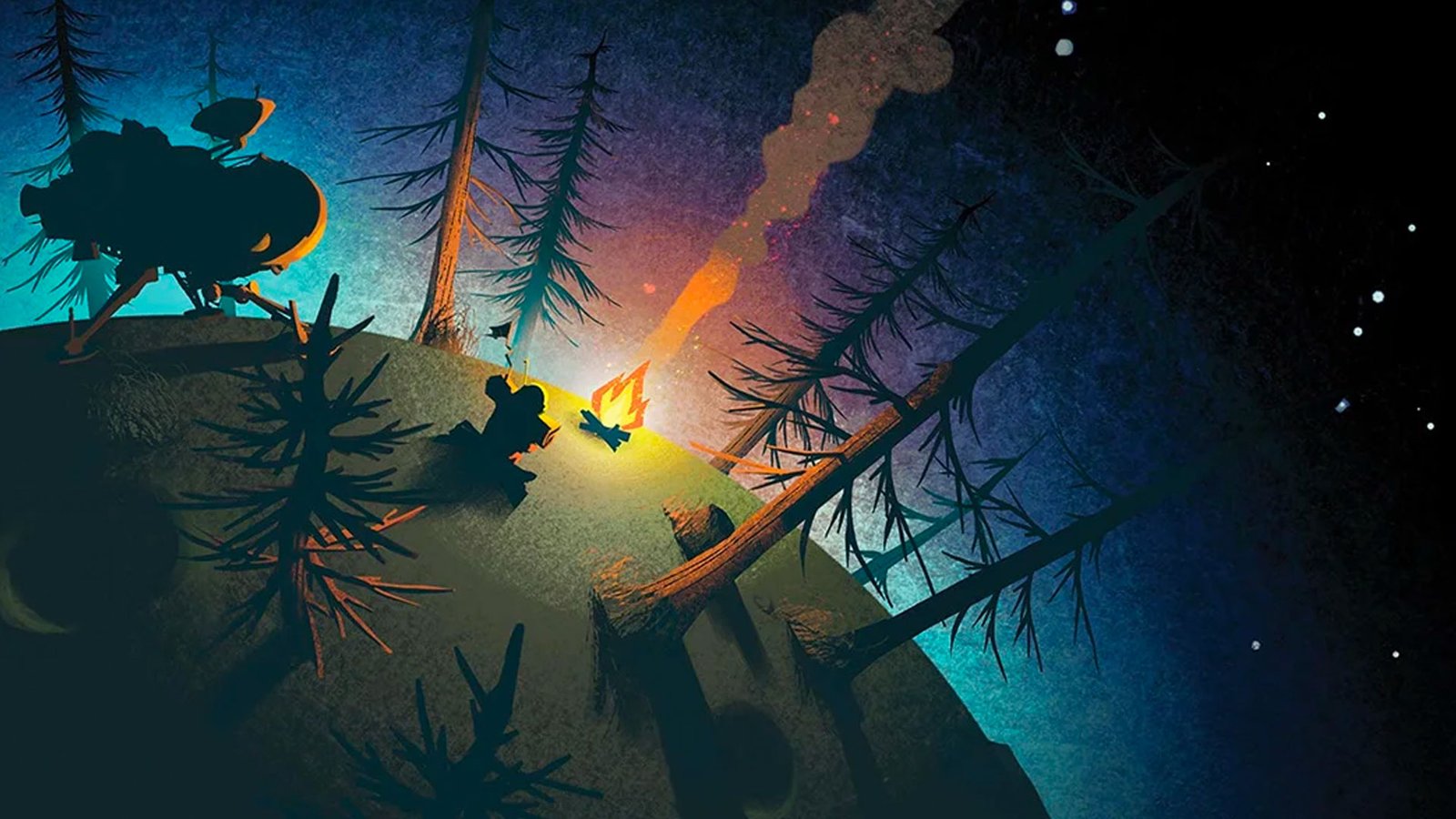 Outer Wilds cover art of a sparse woodland with a campfire in the center, billowing smoke