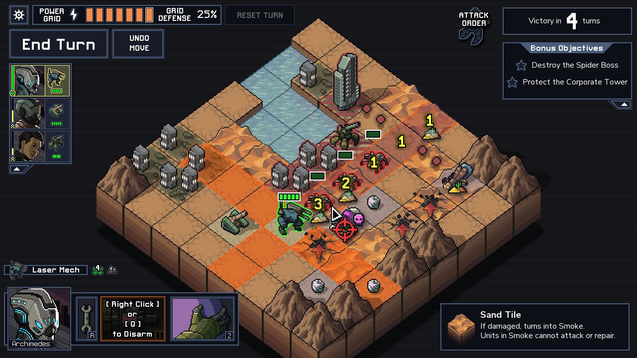 Into The Breach combat screenshot of turn-based gameplay