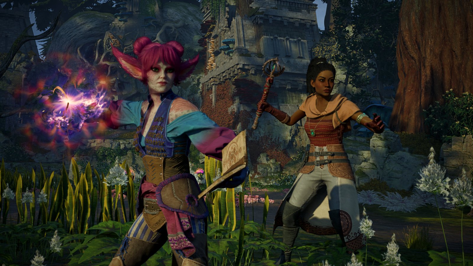 Giatta and Yatzli getting ready to cast spells and attack during the Xbox exclusive Avowed.