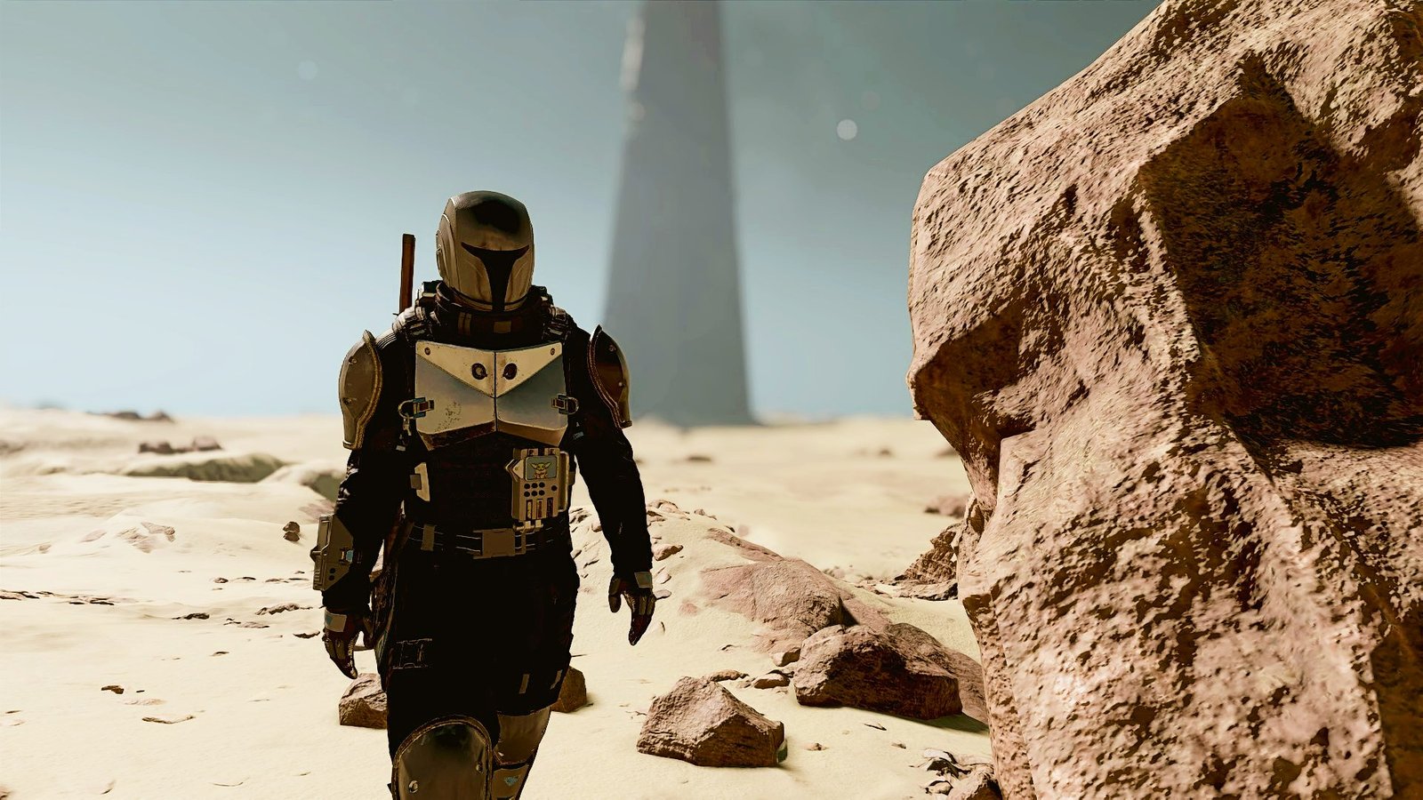 A modded version of a Starfield character walks across the desert