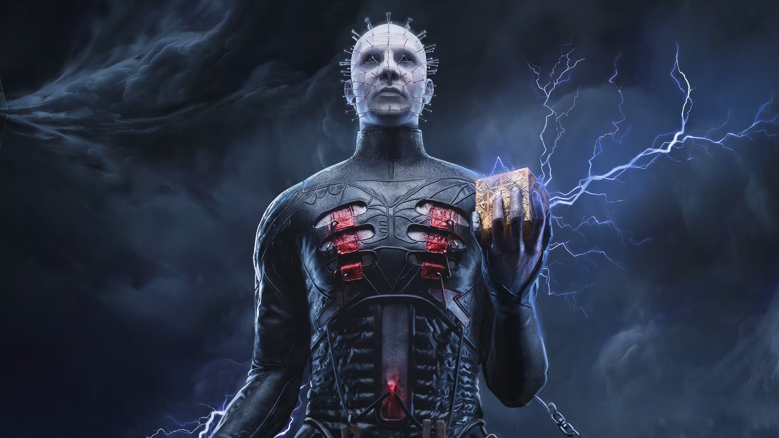Key art from Cliver Barker's Hellraiser: Revival showing Pinhead holding the Genesis Configuration while lightning crackles from it against a background of dark smog, cropped for a header image