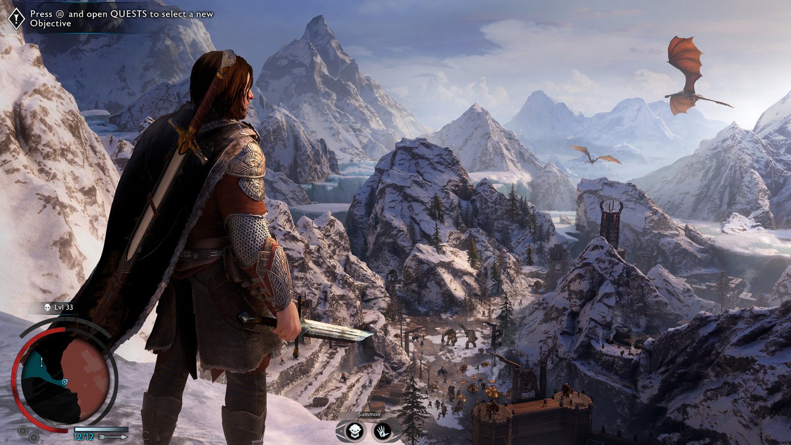 Talion looking out dragons flying over Mordor in the best Lord of the Rings game, Middle-earth: Shadow of War.