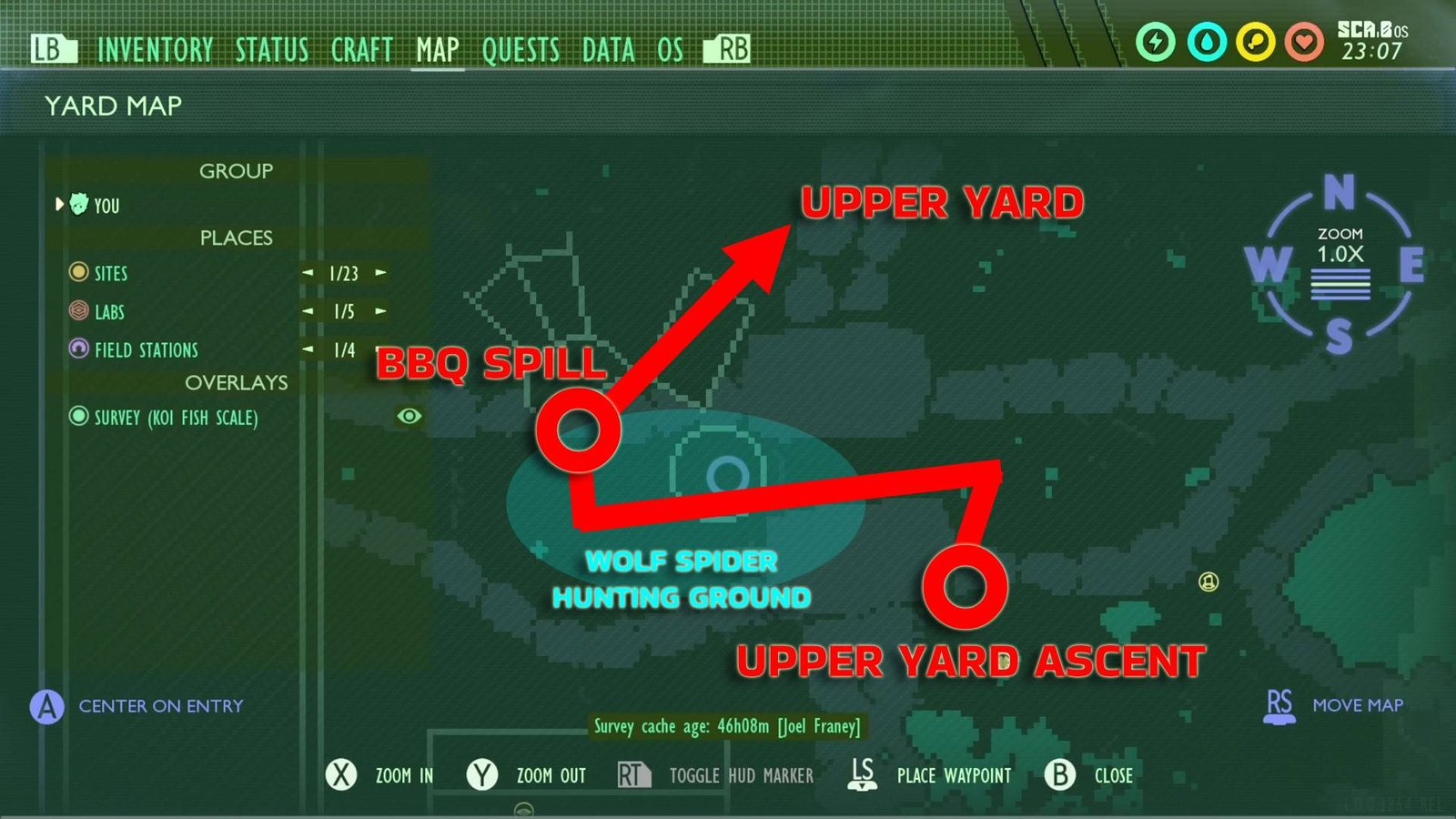 Grounded Upper Yard Ascent location and West route