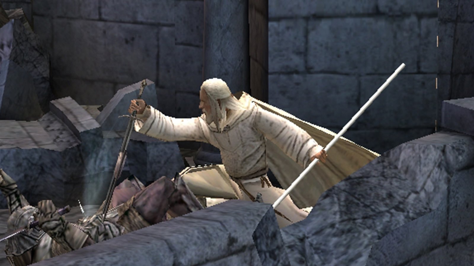 Gandalf in Gondor fighting an orc in The Lord of the Rings: Return of the King game.