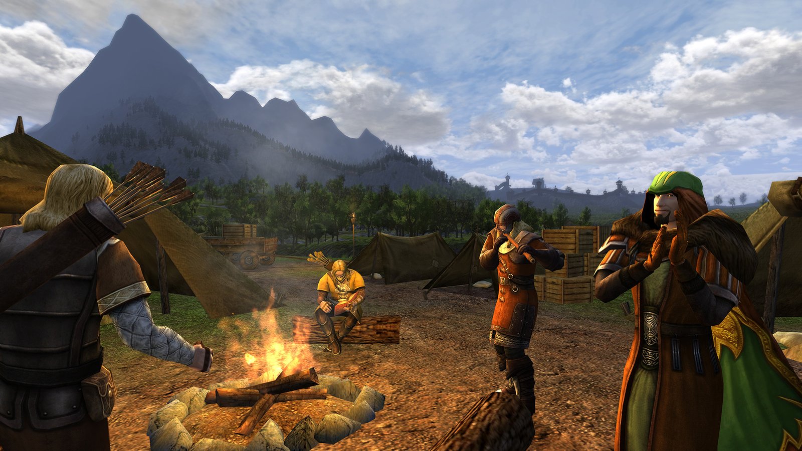 Four players at a campsite during one of the best Lord of the Rings games, The Lord of the Rings Online.