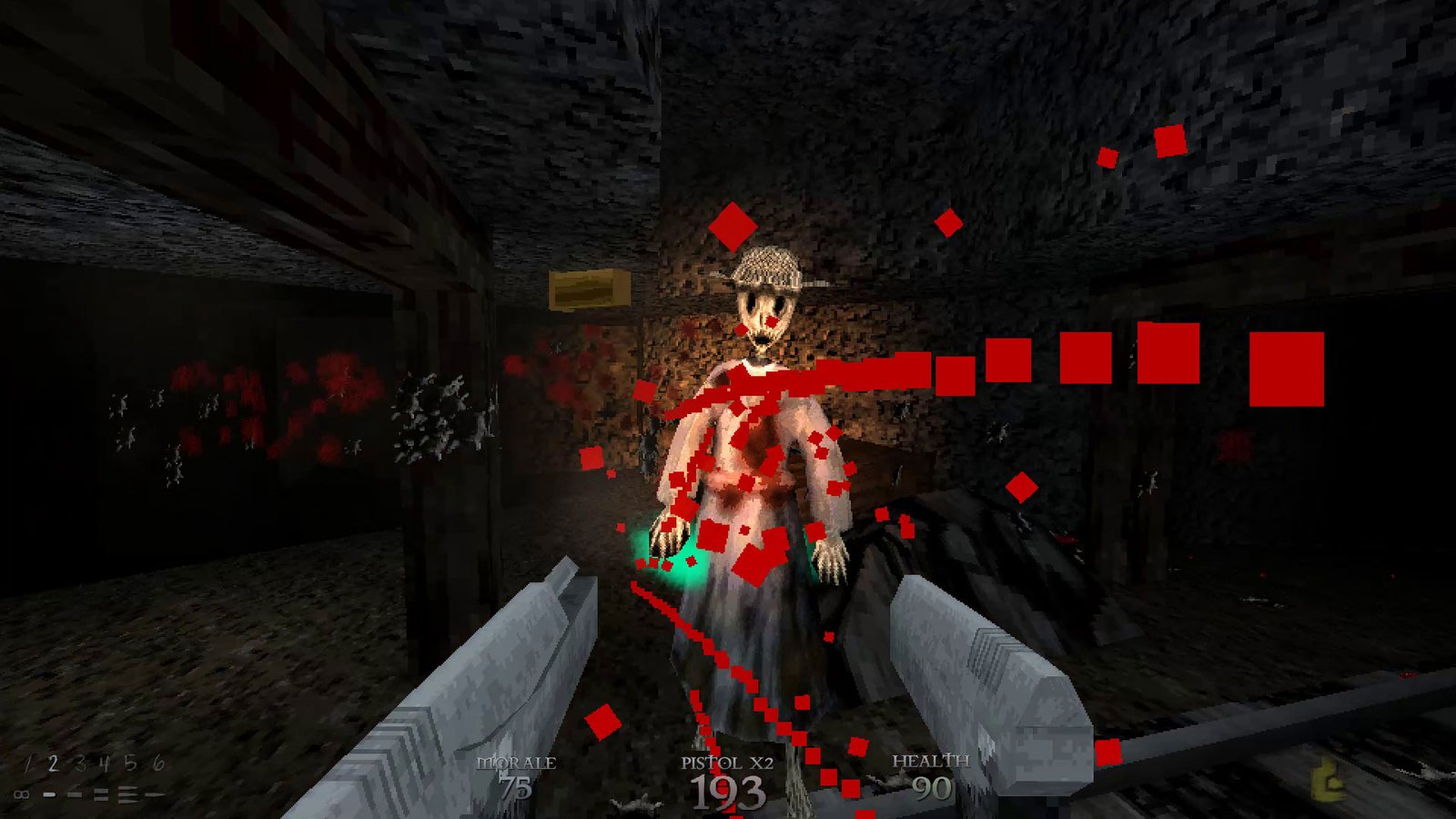 A screenshot of a player shooting an enemy in the FPS game Dusk.
