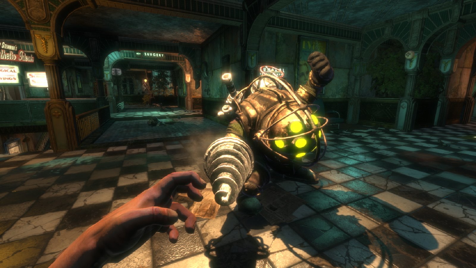 A big daddy in Bioshock attacking Jack.