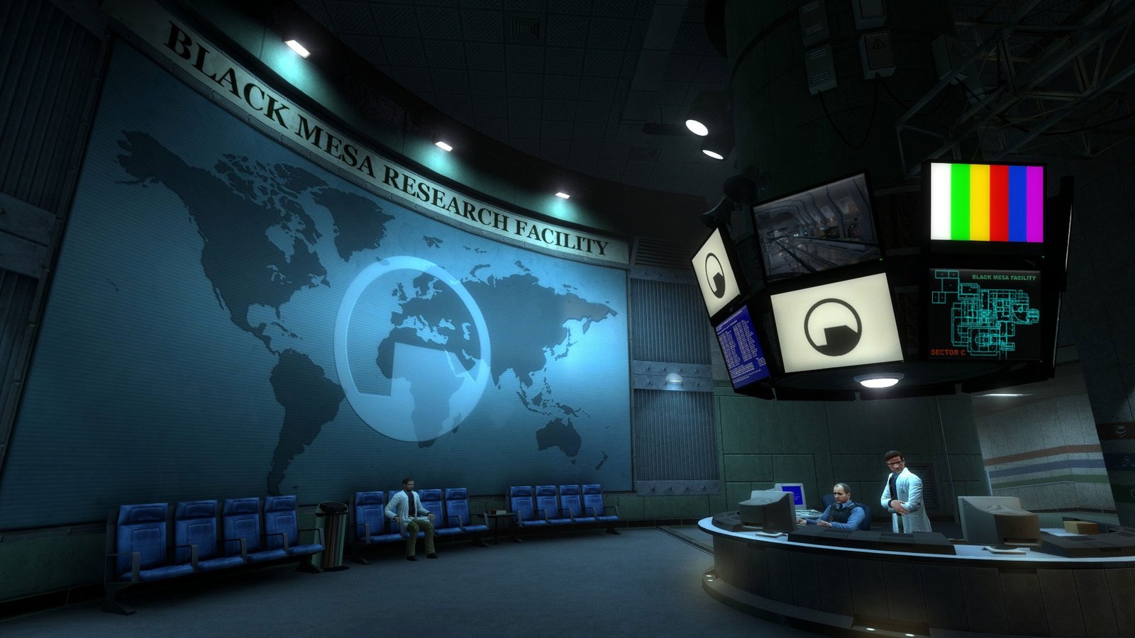 A screenshot of the Black Mesa facility in the fan-made FPS game Black Mesa.