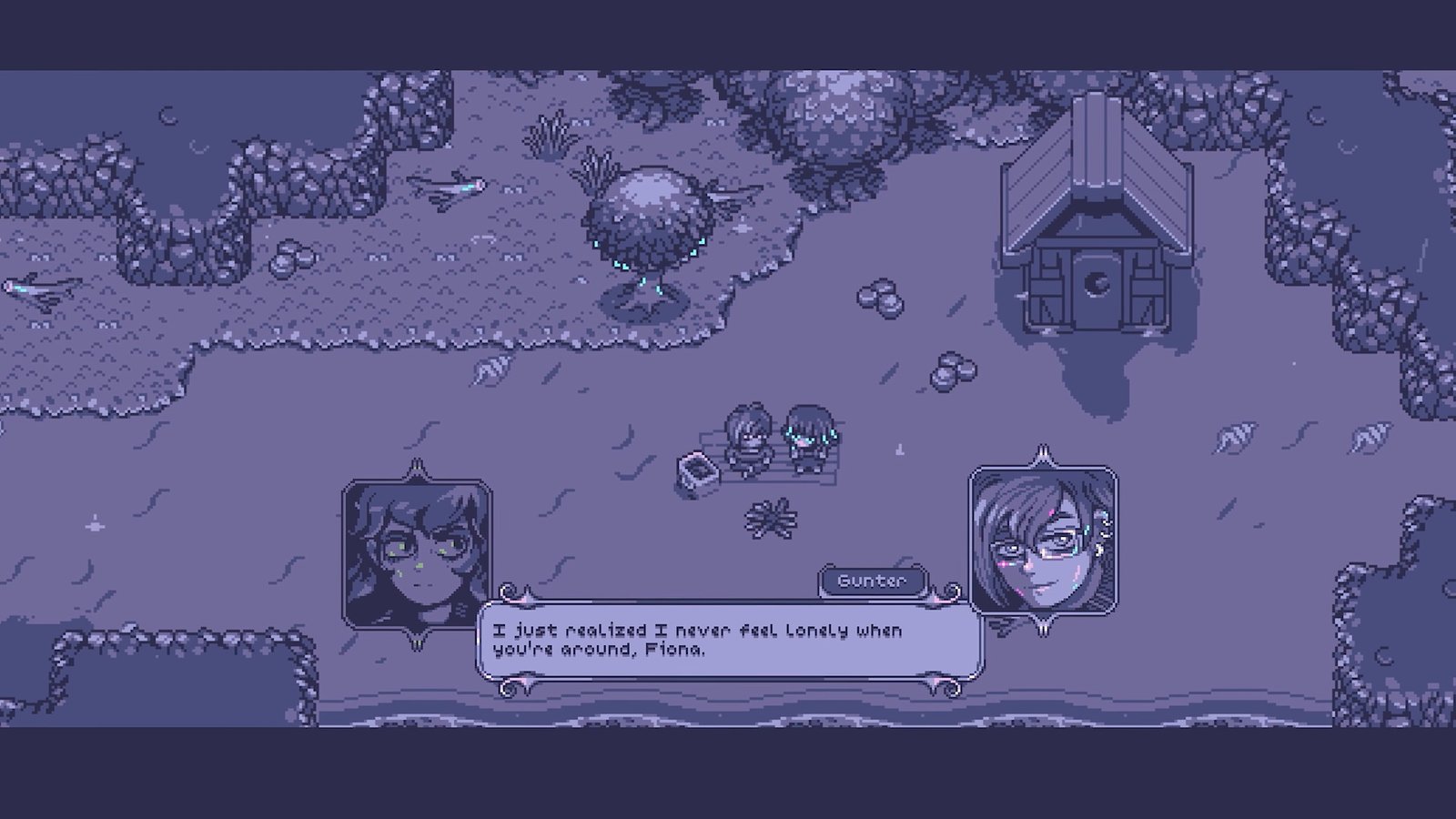 Neverway screenshot of Fiona sitting next to Gunter who wear glasses and says "I just realized I never feel lonely when you're around, Fiona