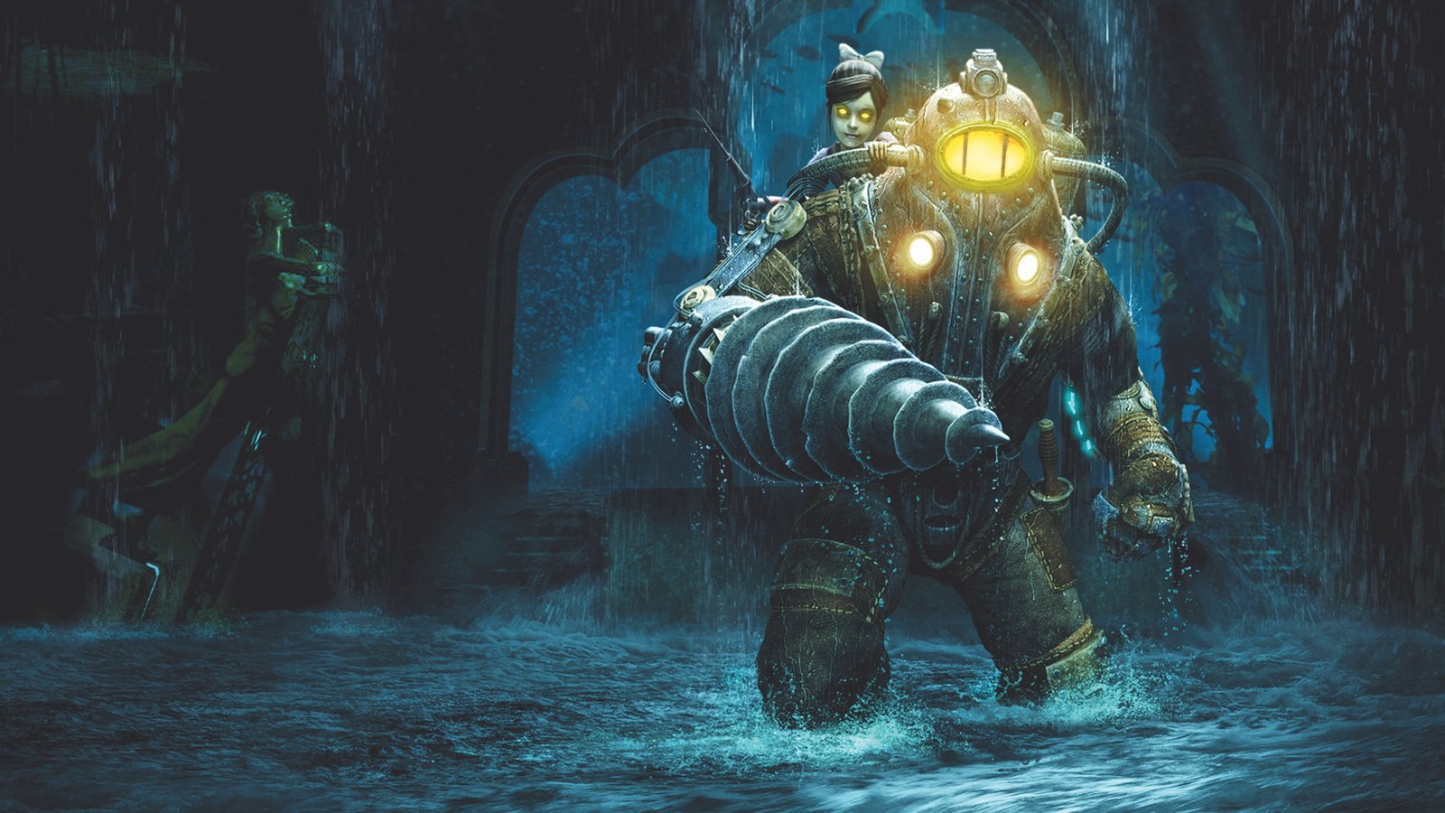 A Big Daddy and a Little Sister walking through water in BioShock 2.