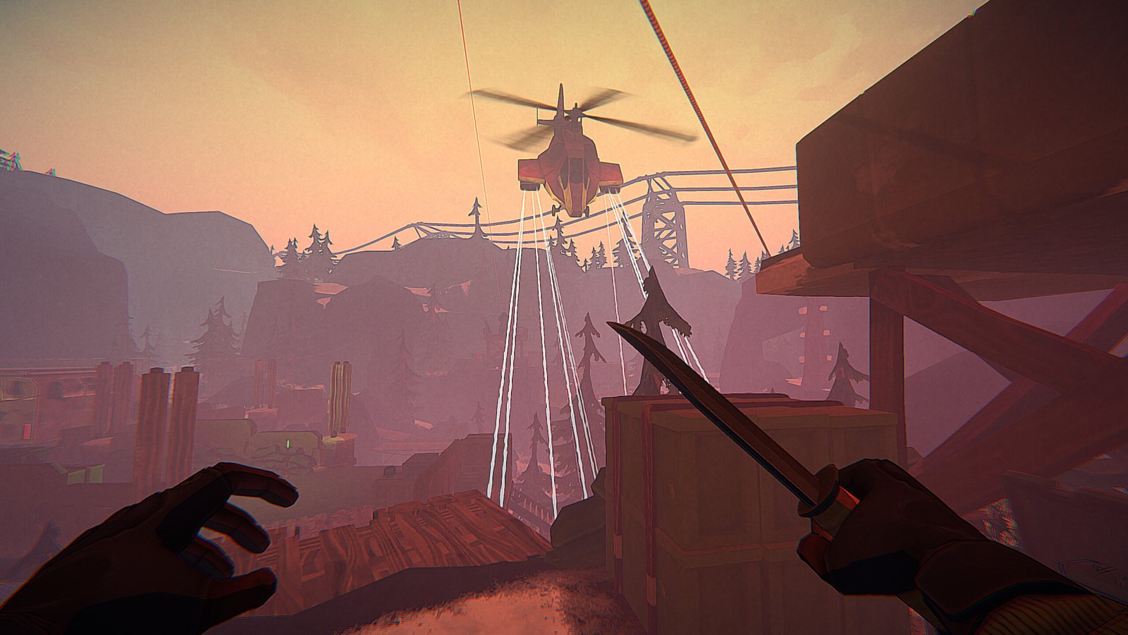 A chopper shooting at the ground in front of a player in best FPS game I Am Your Beast