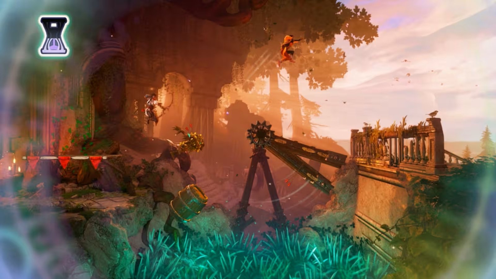 Two characters jump across a platform to a timer in co-op puzzle adventure, Trine 6: Together in Time
