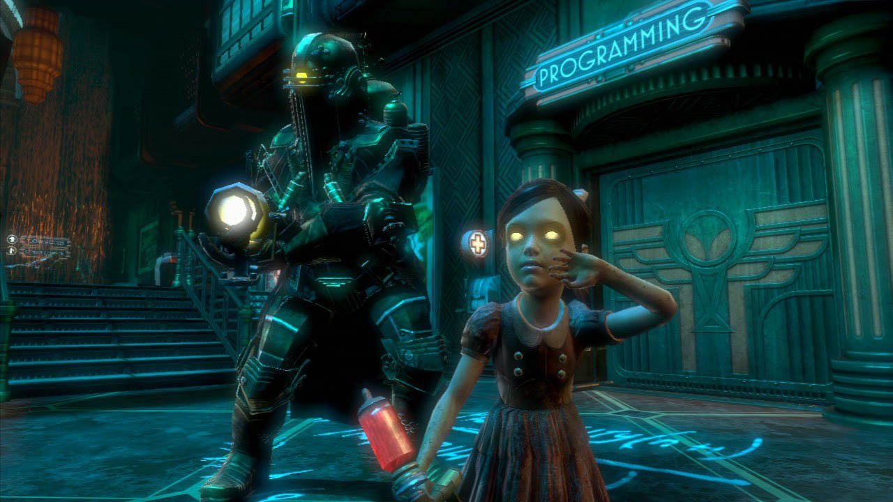 A little Sister holding her hand up to her face in BioShock 2.