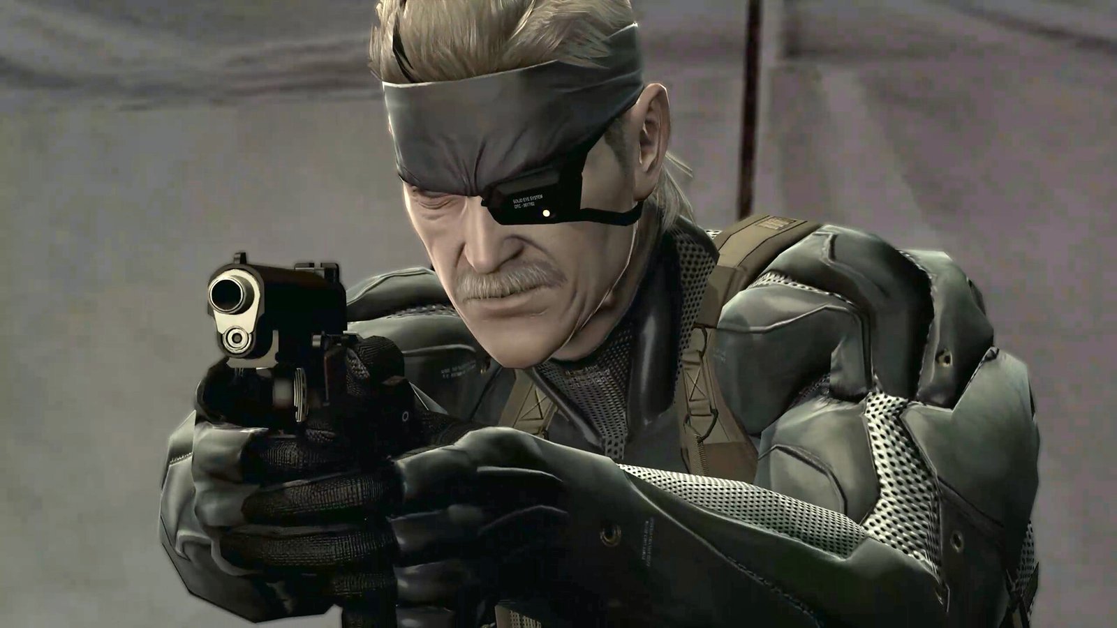 Metal Gear Solid Collection Vol. 2 screenshot showing Solid Snake with grey hair and an eye patch pointing a gun