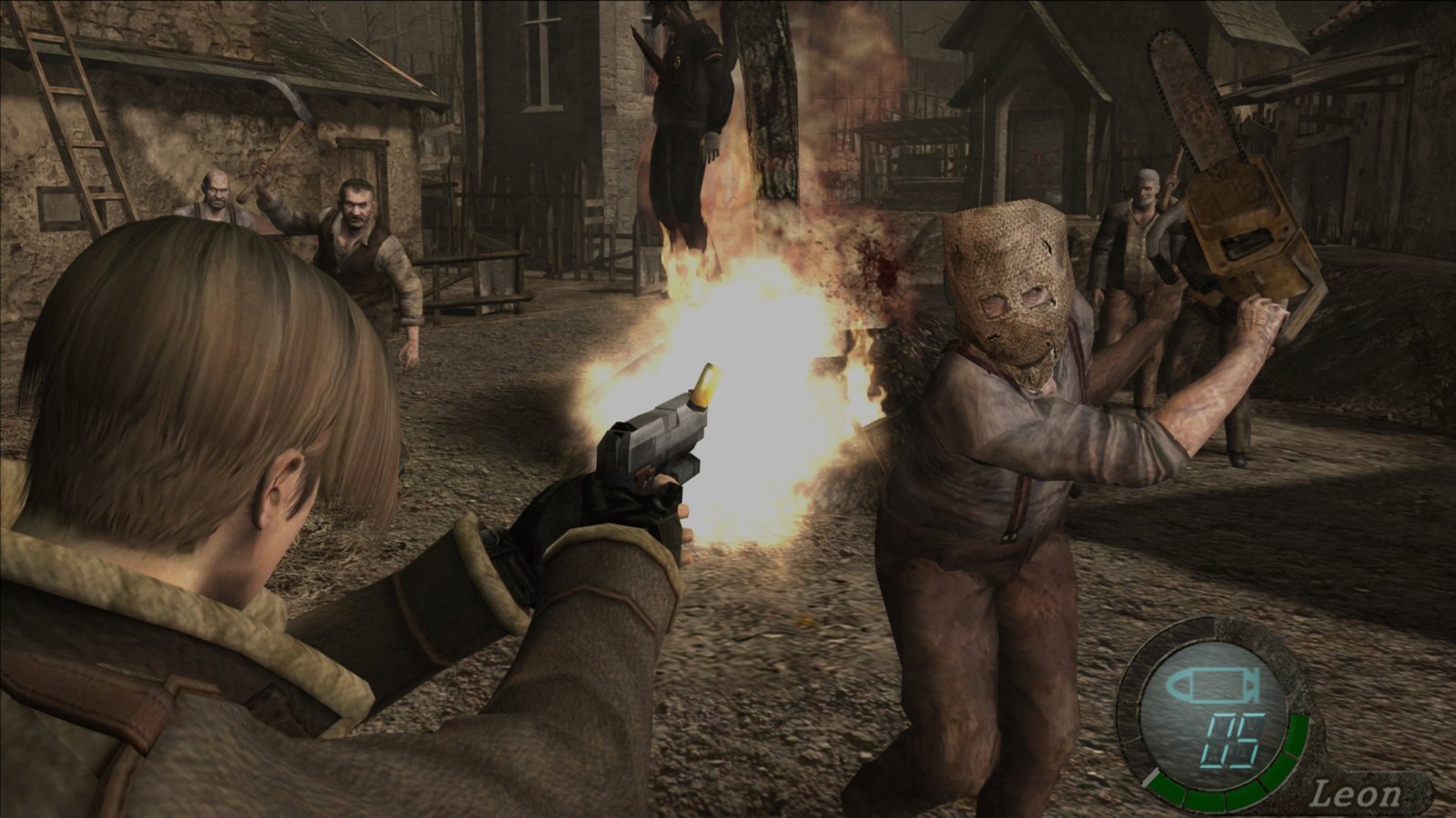 Resident Evil 4 screenshot of Leon Kennedy shooting the sack-head chainsaw guy, AKA Dr Salvador, during the village encounter.