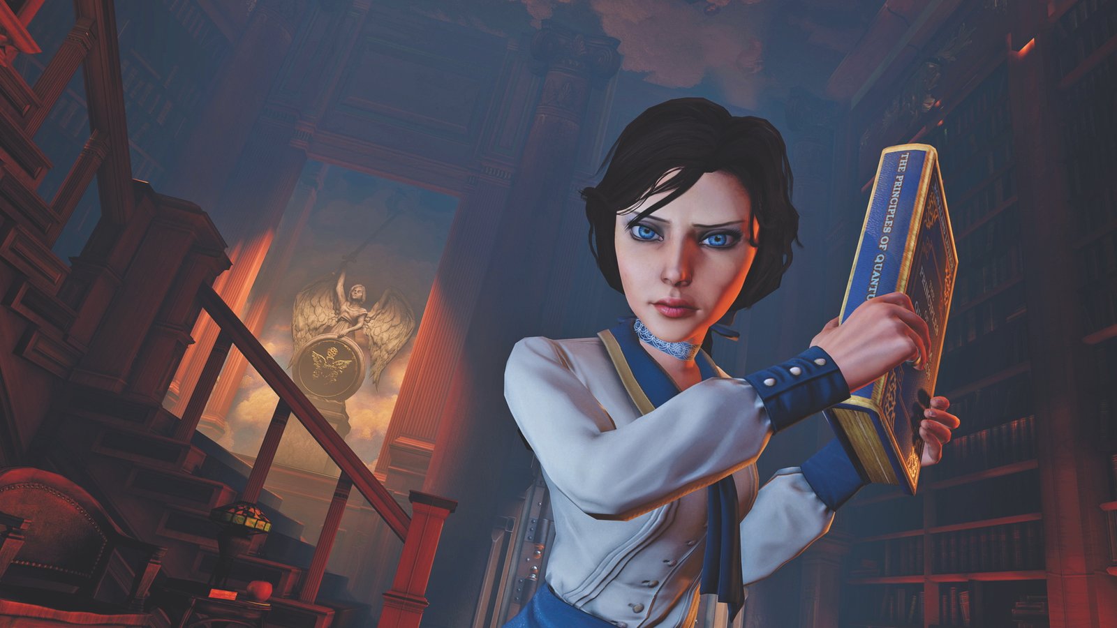 Elizabeth holding up a blue book in Bioshock Infinite.