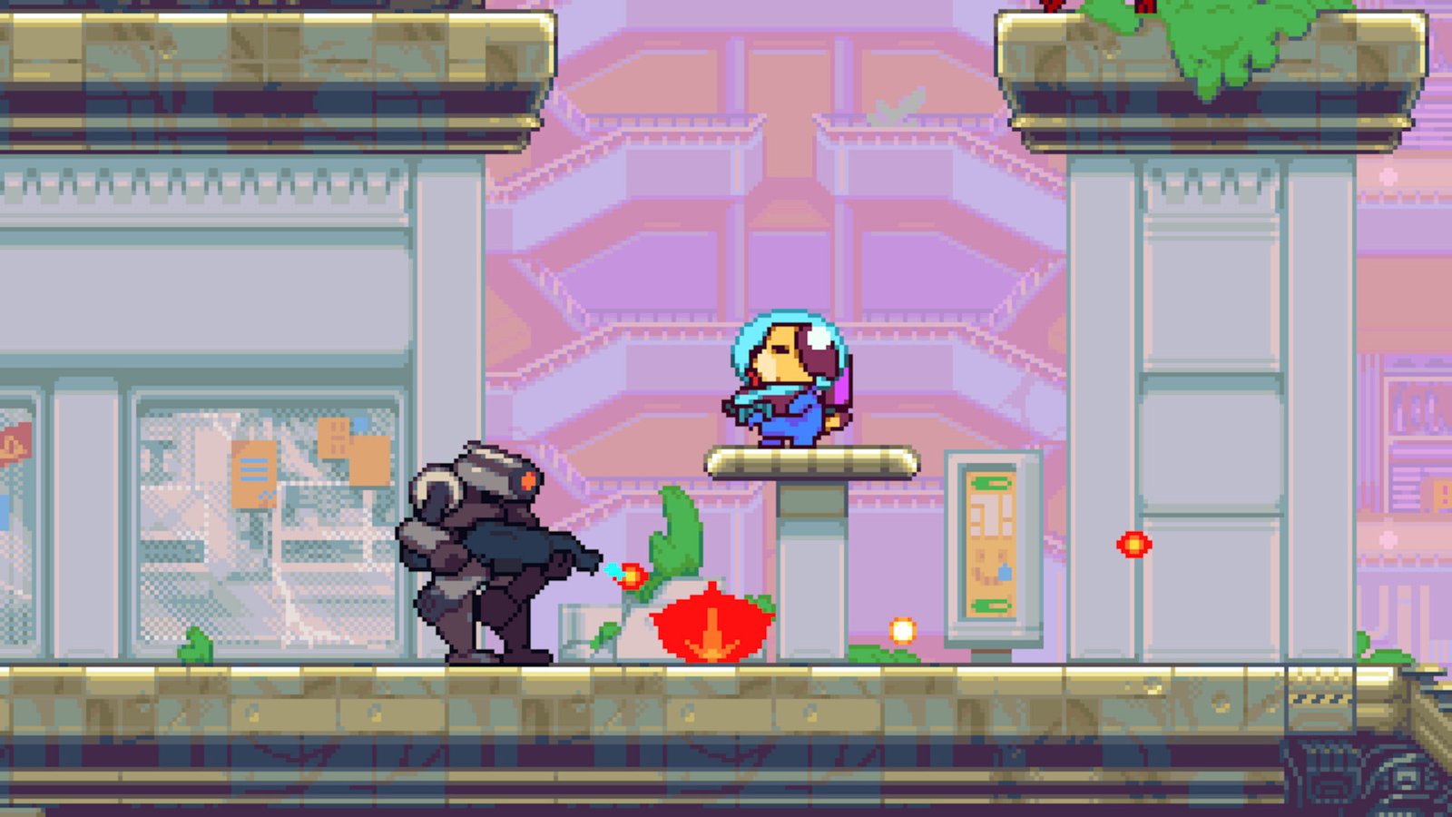 In sci-fi platformer Goodboy Galaxy, a pixelated dog in a space suit faces a robot guard who wields a sci-fi weapon