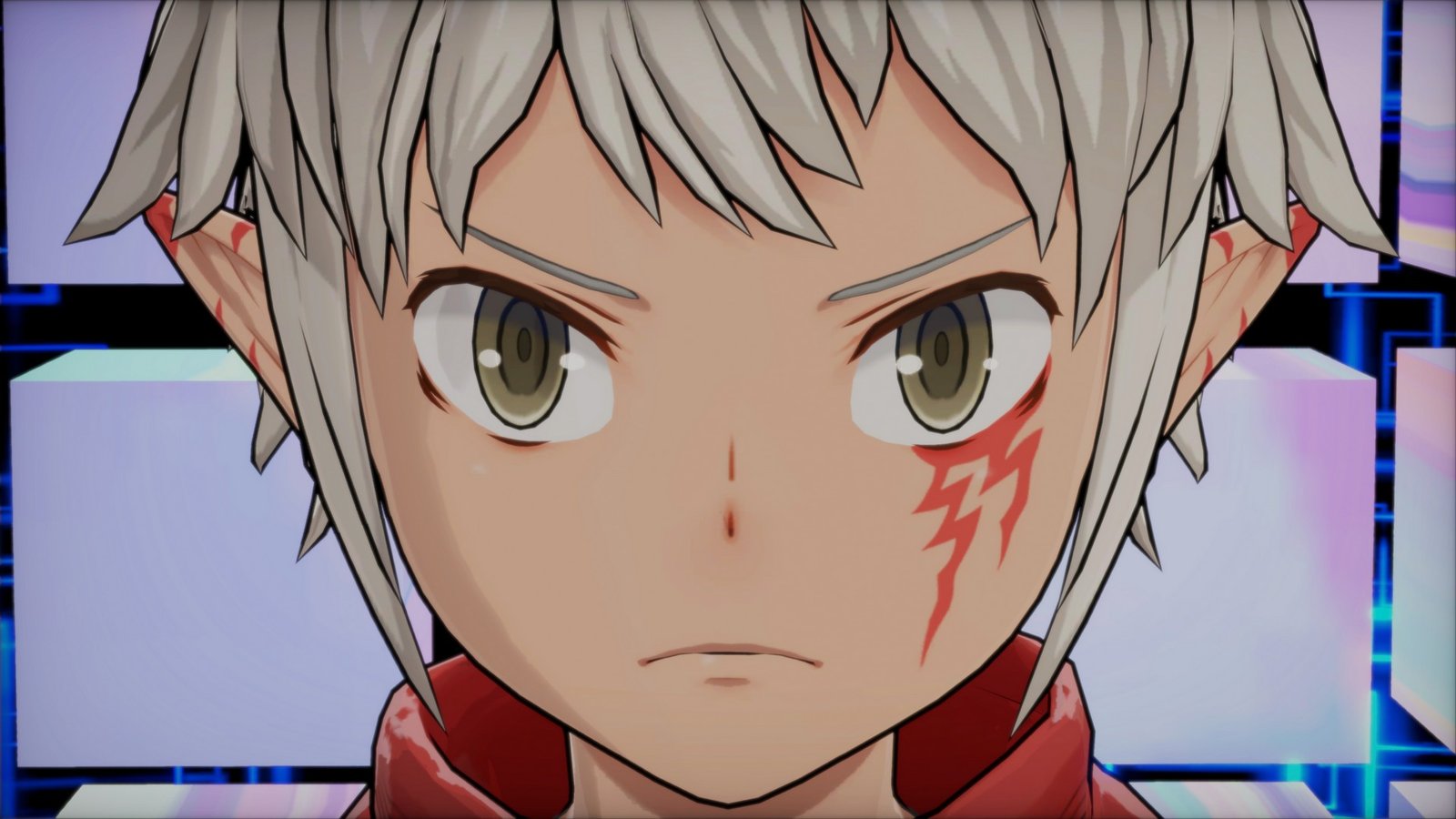 A close up of a character's face in Digimon Story: Time Stranger with a mysterious mark below their left eye and pointy ears