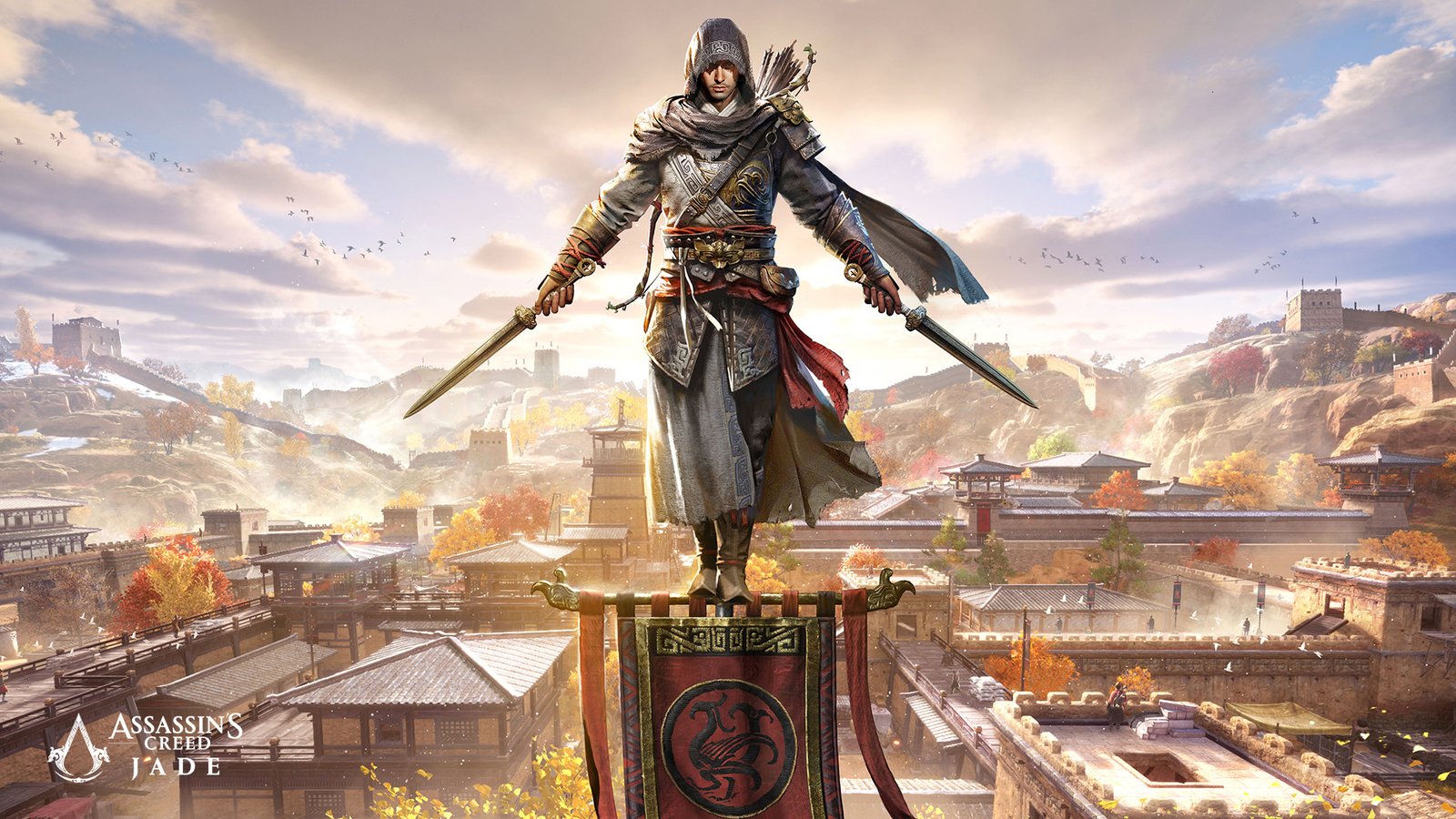A man standing on a banner during Assassin's Creed Jade.