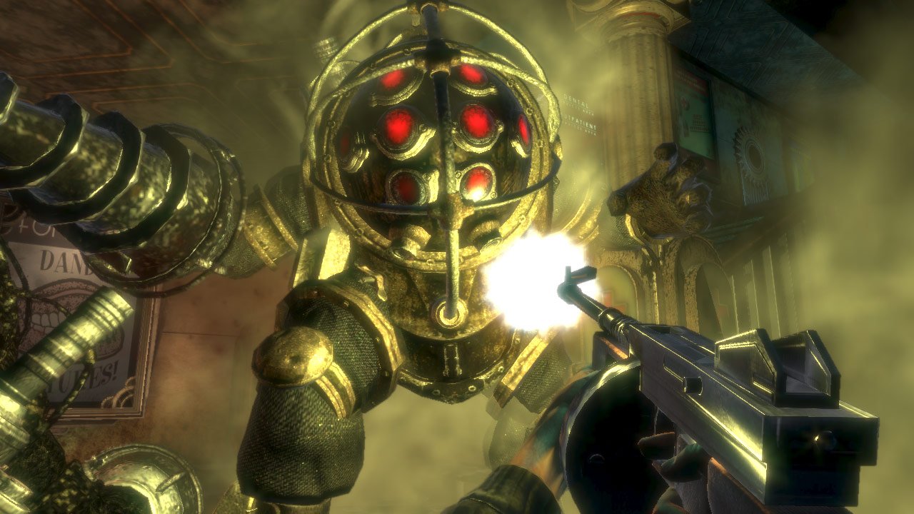 A player shooting a gun at a Big Daddy in Bioshock.