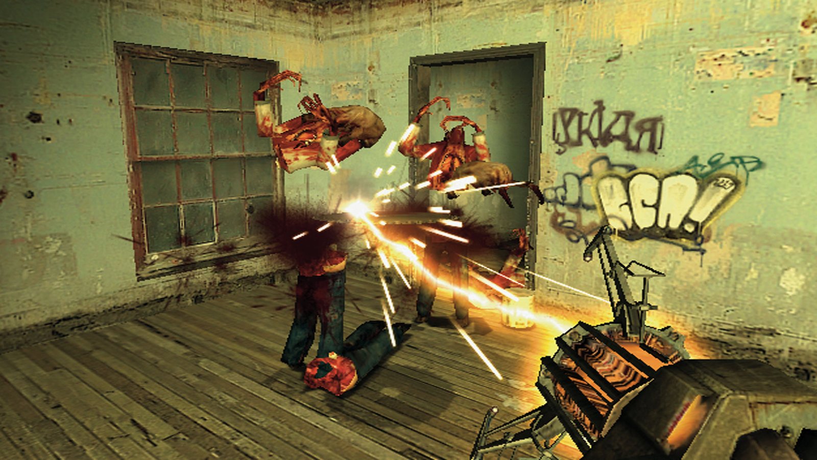 Gordon shooting two enemies with a laser during Half-Life 2.