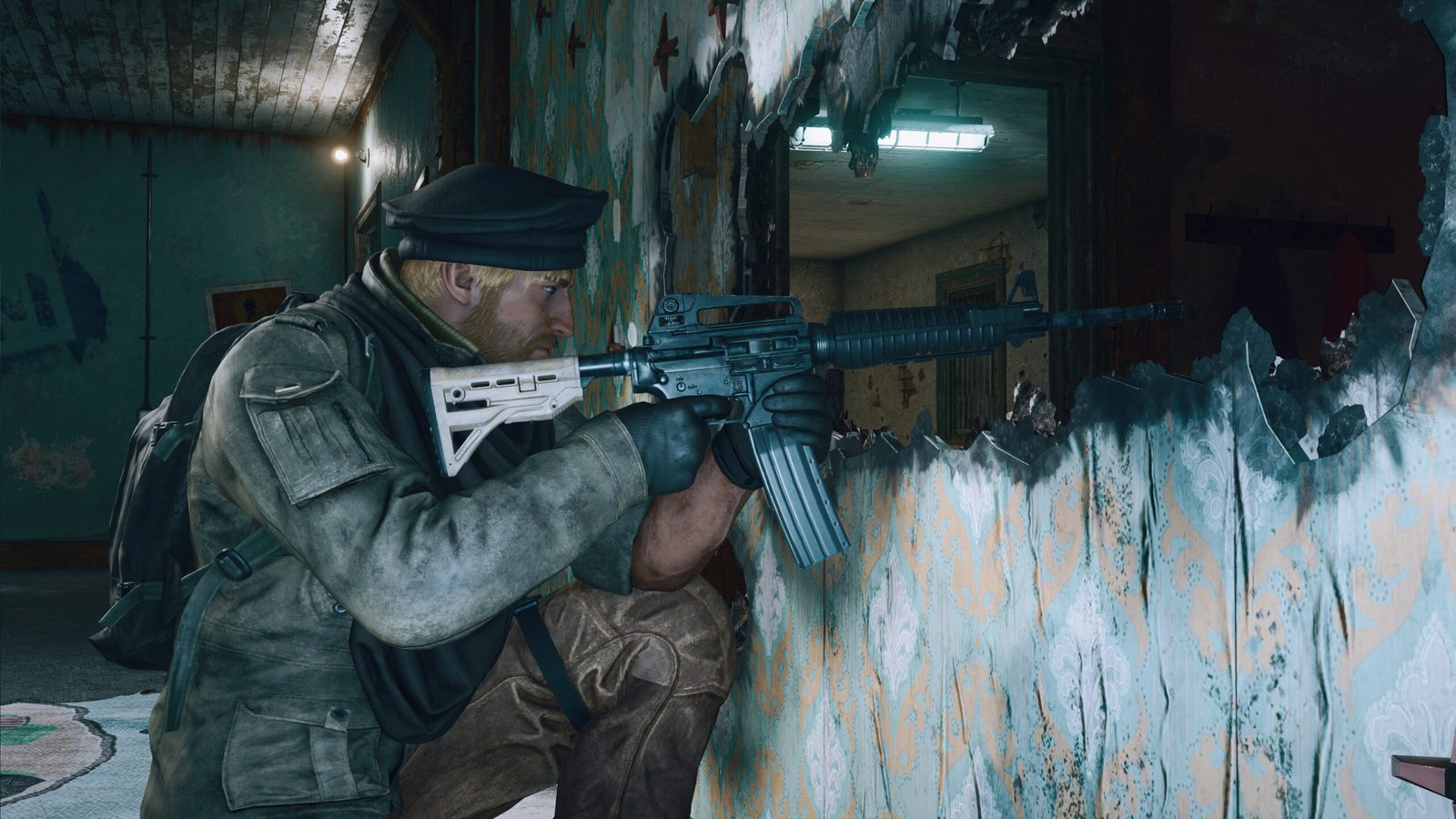 An operative crouching behind a wall in the FPS game, RB6 Siege.